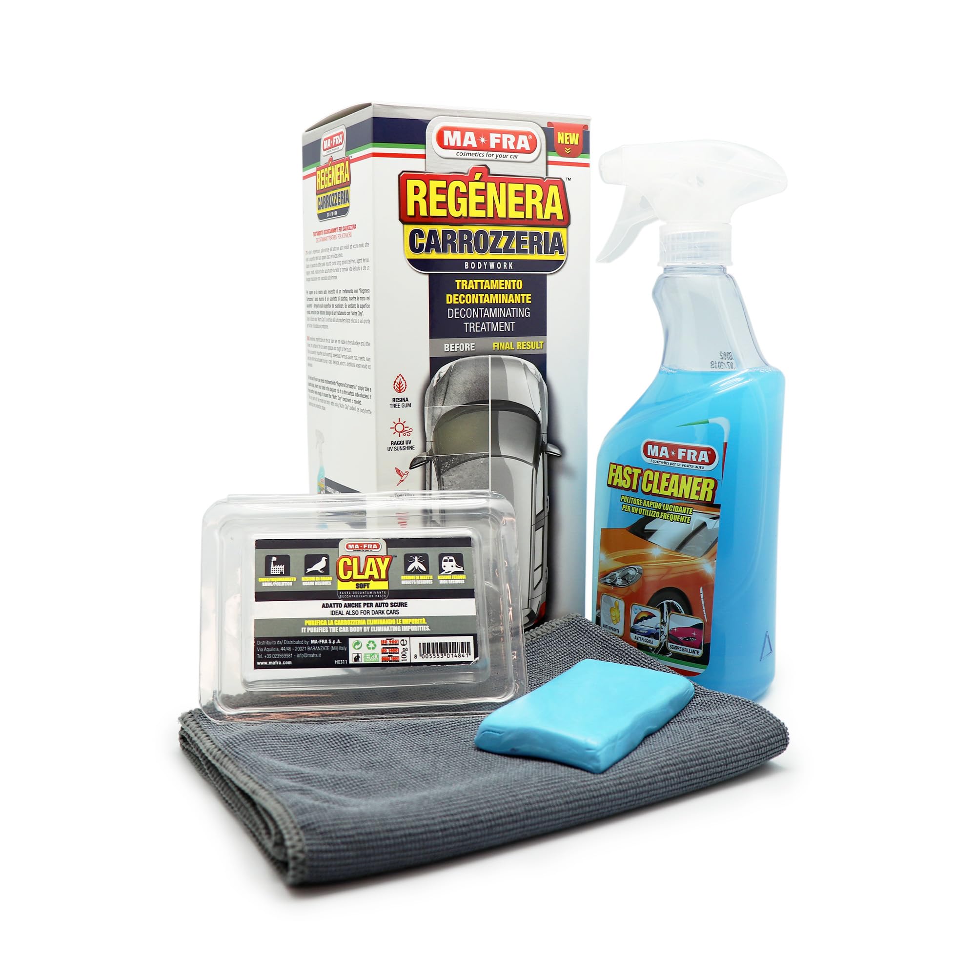 Ma-Fra Kit Regénera Carrozzeria, Trattamento Decontaminante per Carrozzeria e Vetri Auto, Rimuove Smog, Insetti e Residui Ferrosi da Tutte Le Superfici Esterne, Contiene Fast Cleaner e Clay Bar Soft