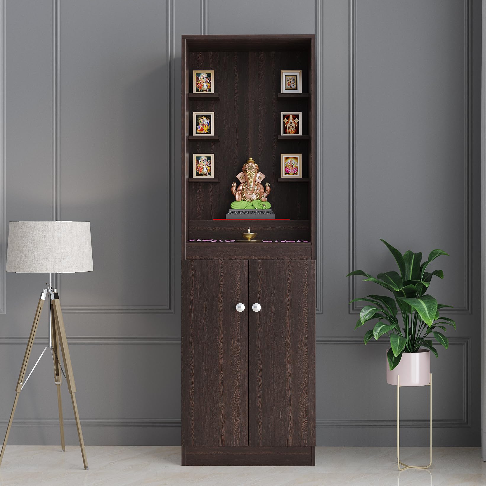 FURNEASER Adya Wooden Pooja Mandir for Home with Storage | Engineered Wood Temple Stand with Shelf & Cabinet | Compact Floor-Standing Prayer Unit for Living Room � Wenge Finish, 161x50x32 cm