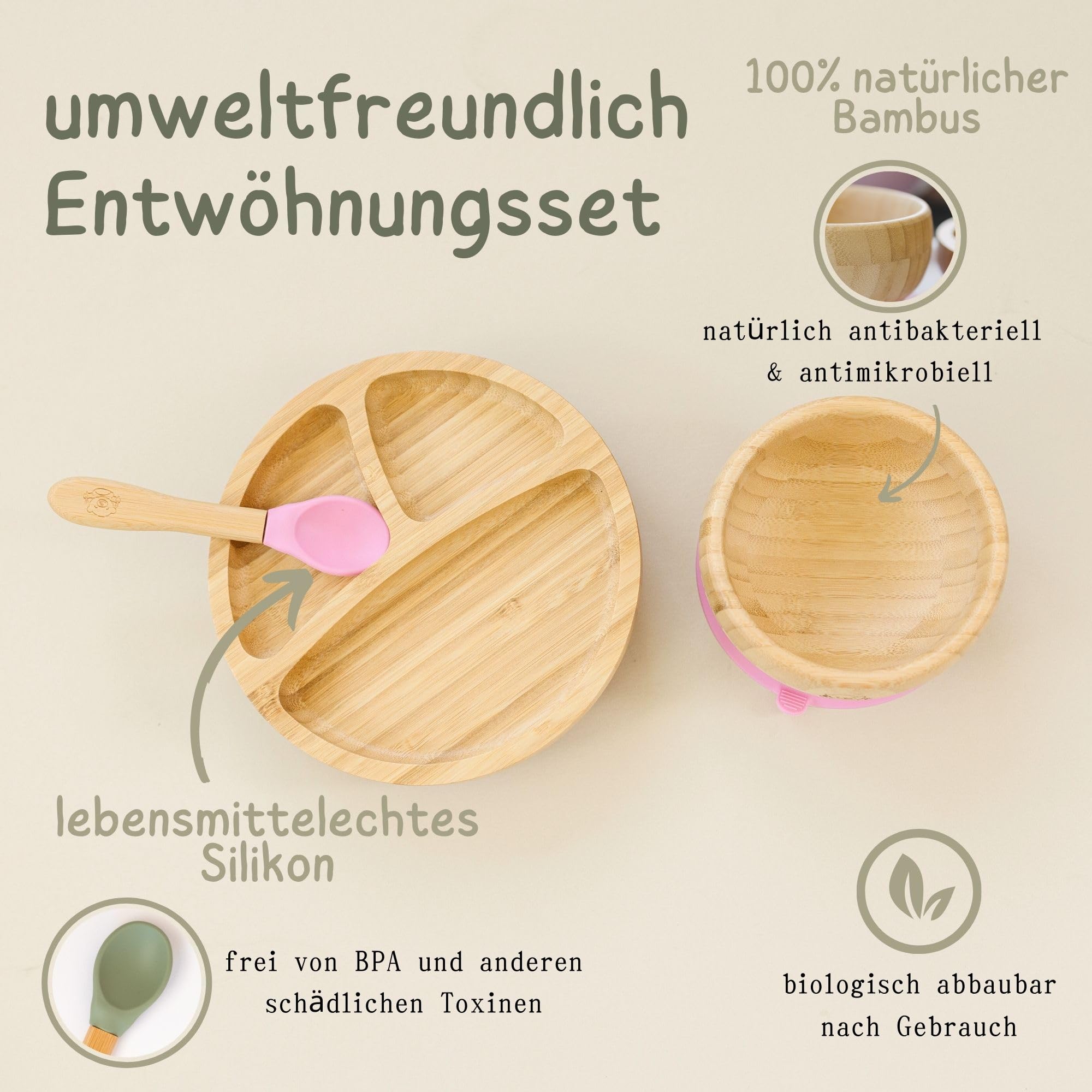 Bubba Bear Kindergeschirr-Set | Kinderteller mit Saugnapf | Geschirrset für Kleinkinder | Unterteilter Babyteller | Bambus Babygeschirr mit Löffel fürs Essen und Füttern | Baby Teller (Holunderbeere)