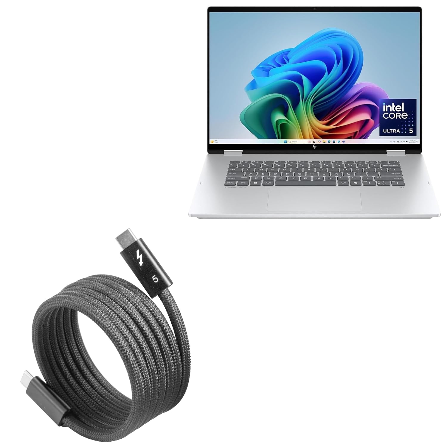 BoxWave Cable Compatible with HP OmniBook 7 (FlipNGAI 16-au0000nr) (16 in) - SnapWrap Thunderbolt 5.0 Cable (5ft 240W), Magnetic Self-Coiling Nylon Braided Retractable - Jet Black
