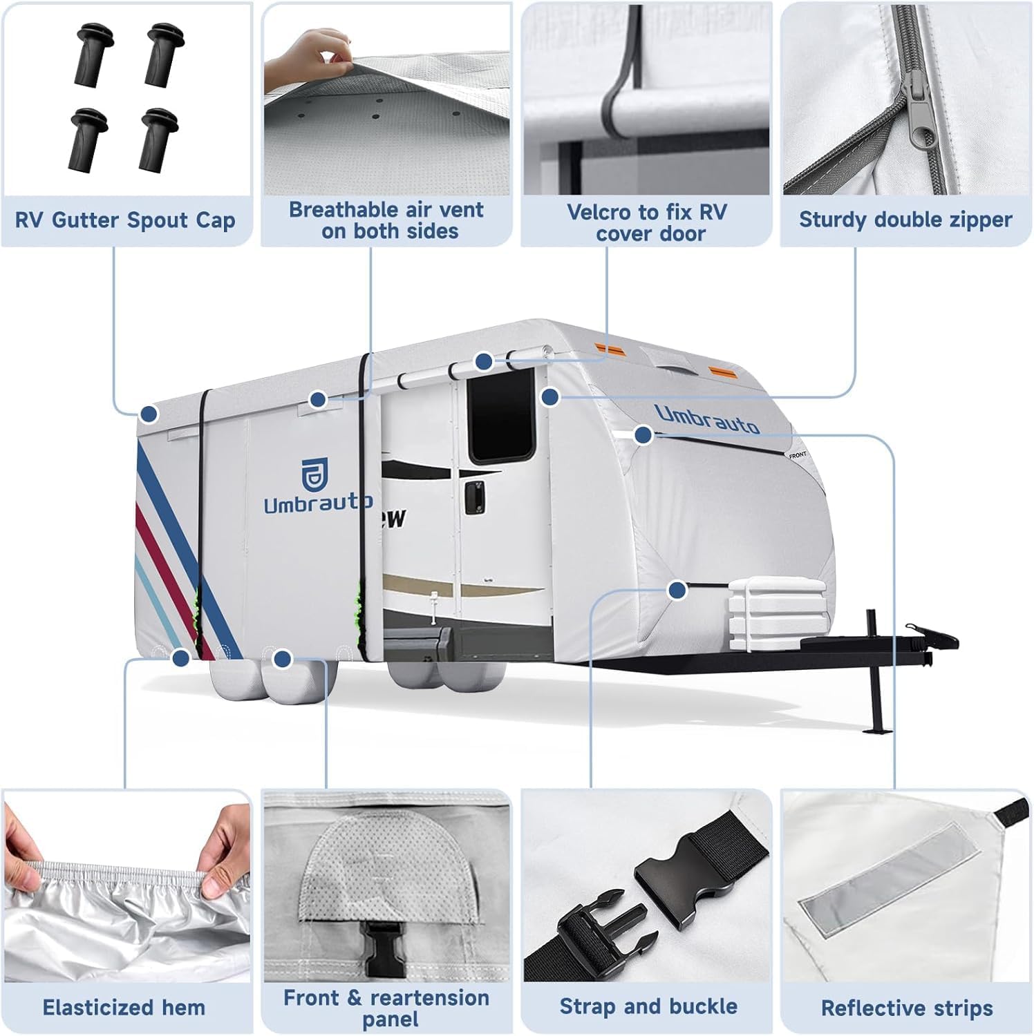 2025 Upgraded 600D Oxford RV Cover for Travel Trailer, Waterproof & Windproof Camper Cover with Sun-Reflective Silver Coating, Includes 4 Tire Covers & Accessories for All-Season Protection (14-16ft)