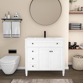 LUCKWIND 36" Bathroom Vanity with Sink Combo, Vintage Bathroom Storage Cabinet with Raised Feet, Large Sink and Metal Faucet, Mirror is NOT Included, White