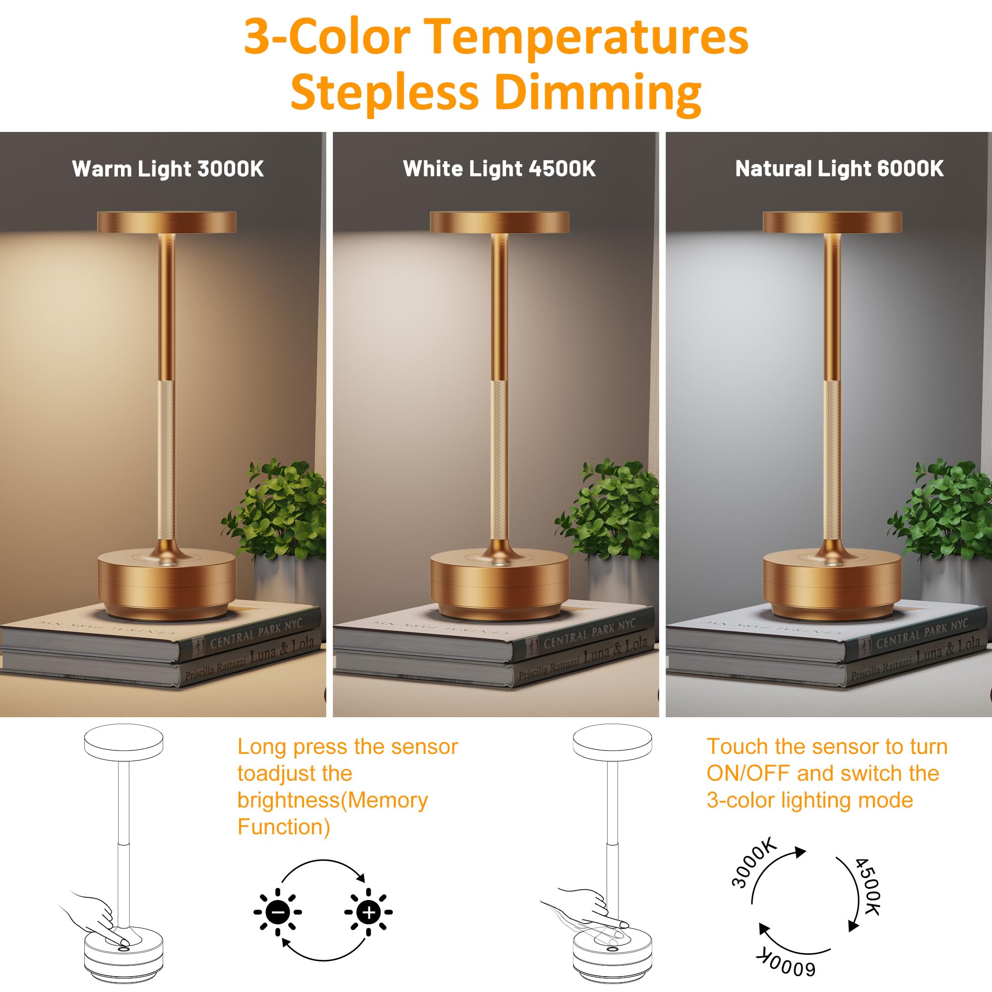 SAKRINGT LED-Tischlampe für den Außenbereich, kabellos, wiederaufladbar, batteriebetrieben, tragbar, wasserdicht, Tischleuchte für Restaurant, Terrasse, Camping (3 Farben, stufenloses Dimmen, 5000 mAh