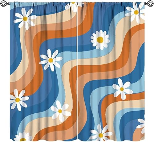 Miniatura 21 de Cortinas de flores rosas de los años 70, retro abstracto, bohemio, rosa, naranja, espiral, ondas, margaritas, estampado floral, cortinas opacas para