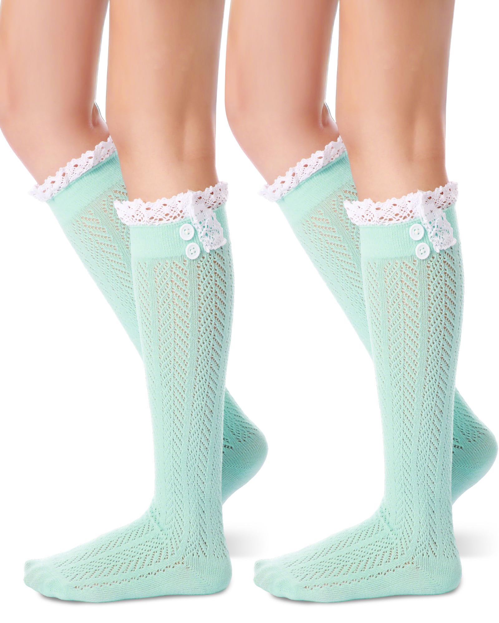 2 Pair Long Button Boot Socks with Lace Trim Knit Boot Stockings Knee High Socks for Women Oktoberfest German Dirndl