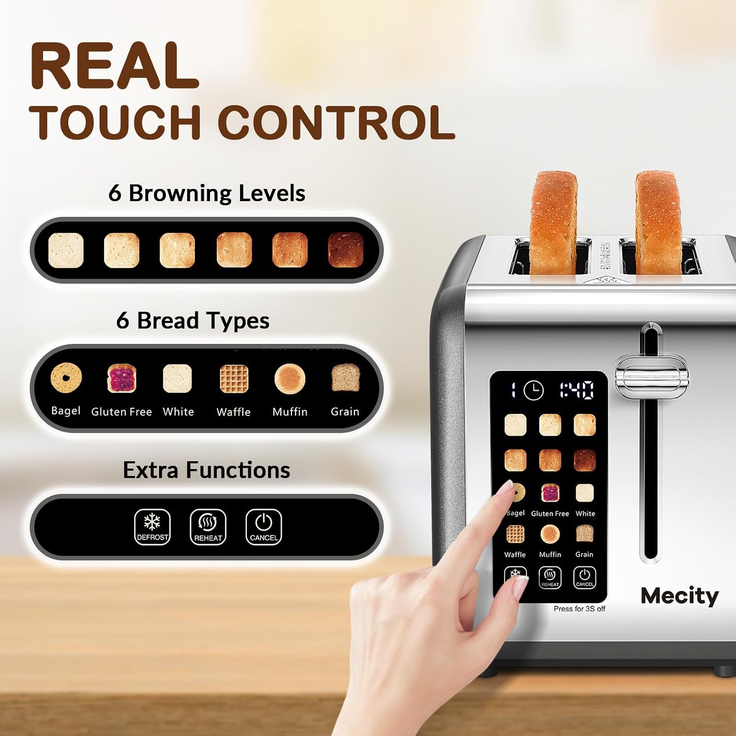  2 Slice Touch Screen Toaster, 1.5" Wide Slot, Stainless Steel Smart Toaster for Bagels, Muffins, Waffles, Gluten-Free Breads, Defrost, Reheat, Timer, 120V 825W, Grey Pearl thumbnail