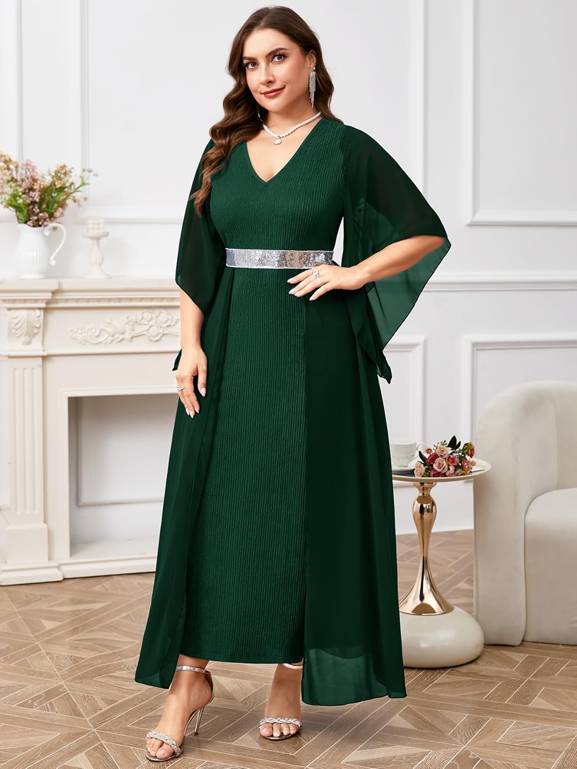 ZOMVA Plus Size Formal Dress V Neck Chiffon Handkerchief Sleeve Mother of Bride Dresses Wedding Guest Party Evening Gown - Image 5