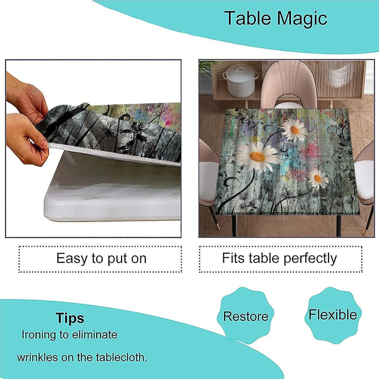 Country Daisy Butterfly Square Tablecloth, Vintage Elastic Edged Table Cover, Rustic Pastoral Fabric Table Cloth for