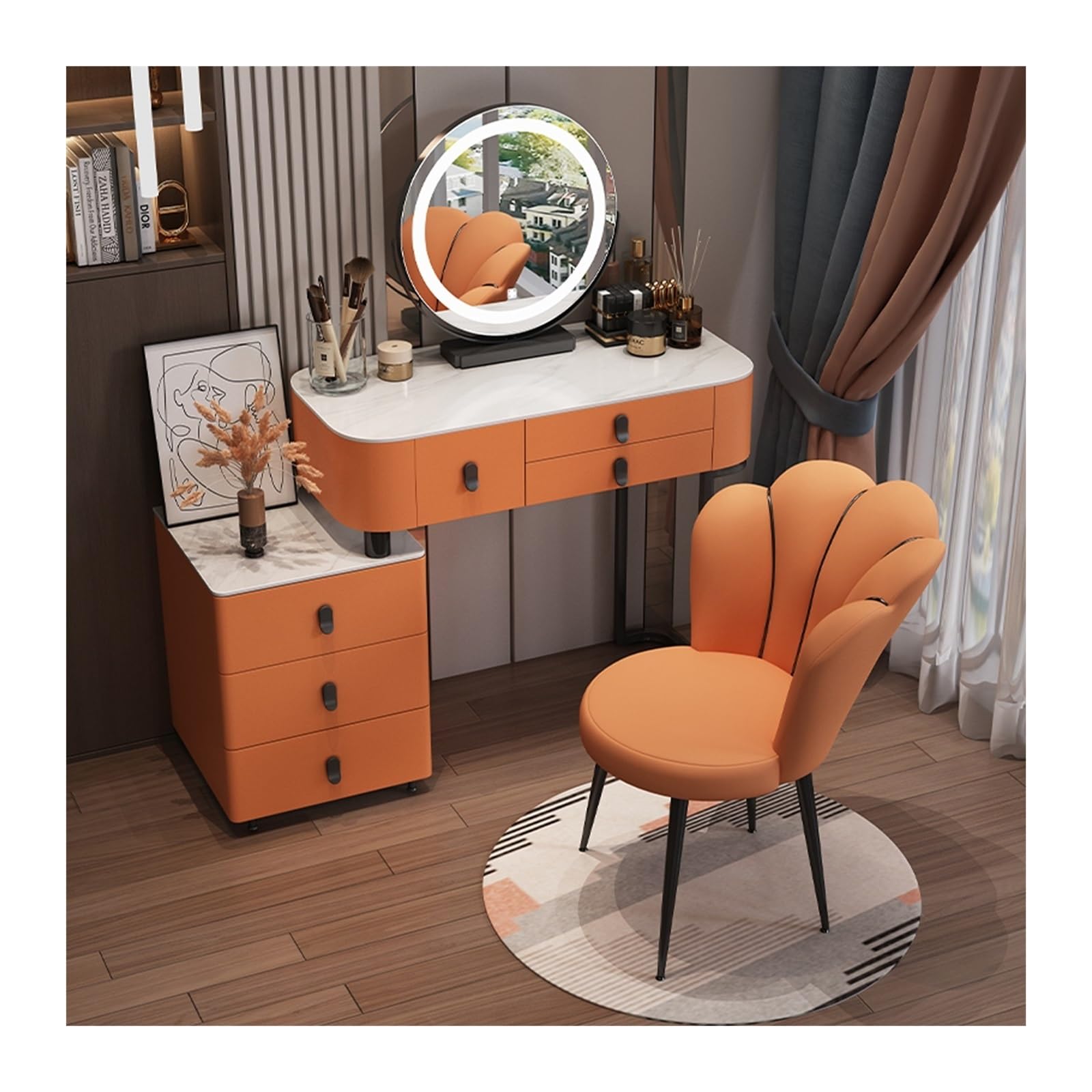 CGCSYZ Vanity Desk Modern White Vanity Table, Vanity Desk with LED Mirror and Bedside Table, Dressing Table for Girls and Women Makeup Dressing Table (Orange Back Chair 100cm)