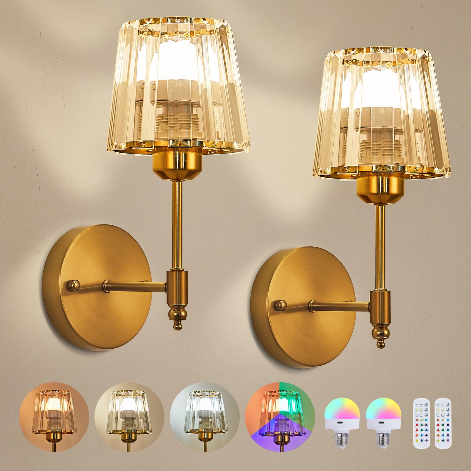 DSJK Rechargeable Wall Light Crystal Battery Operated Wall Sconce Set of 2 with Remote Control Gold Wall Light Wireless 15 Colors RGB Cordless Wall Lamp for Indoor Bedroom Bathroom