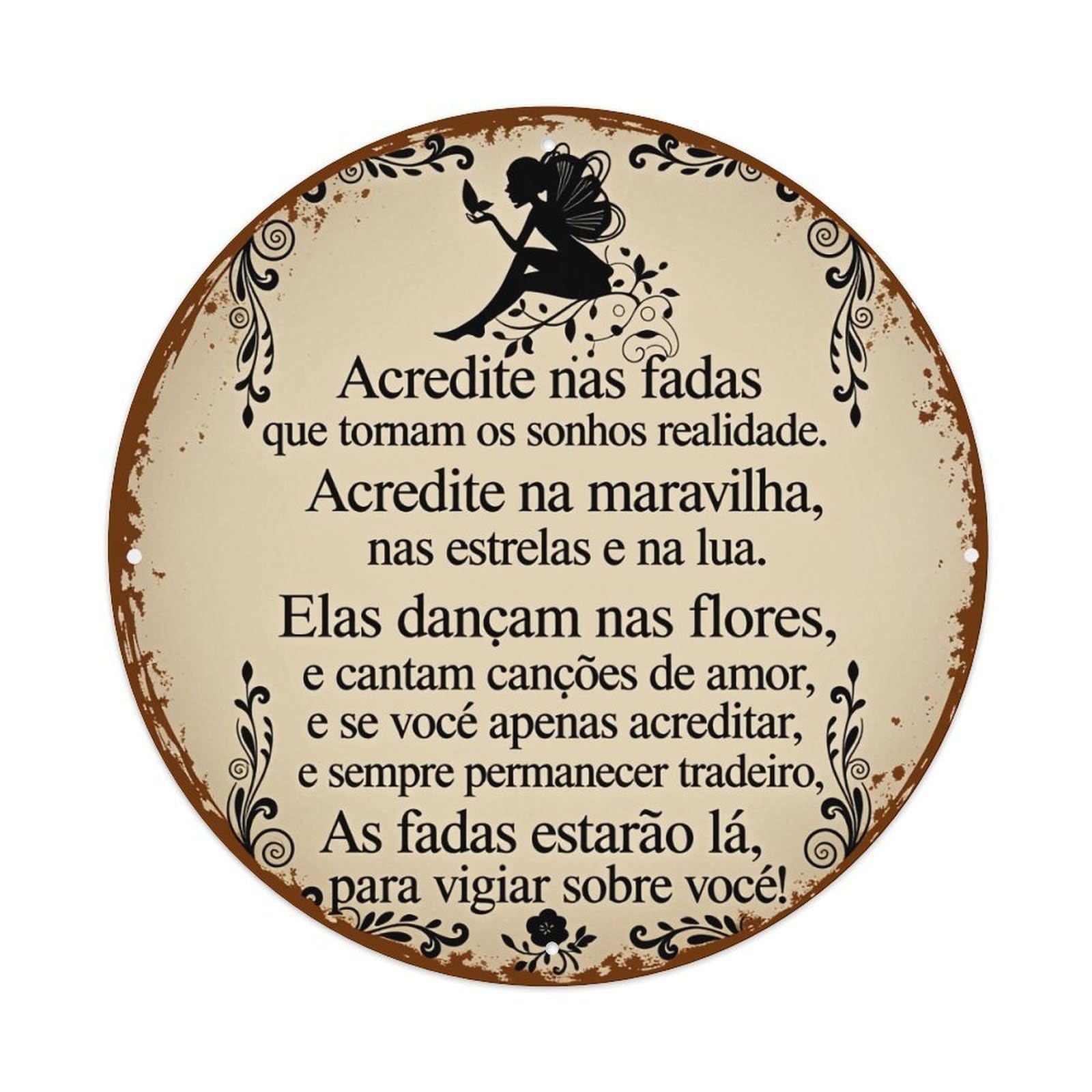 Fairy Silhouette Floral Ornament Circle Round Tin Sign Vintage Style Metal Sign Home Bar Garden Wall Plaque Decor Metal Poster 8x8 Inch