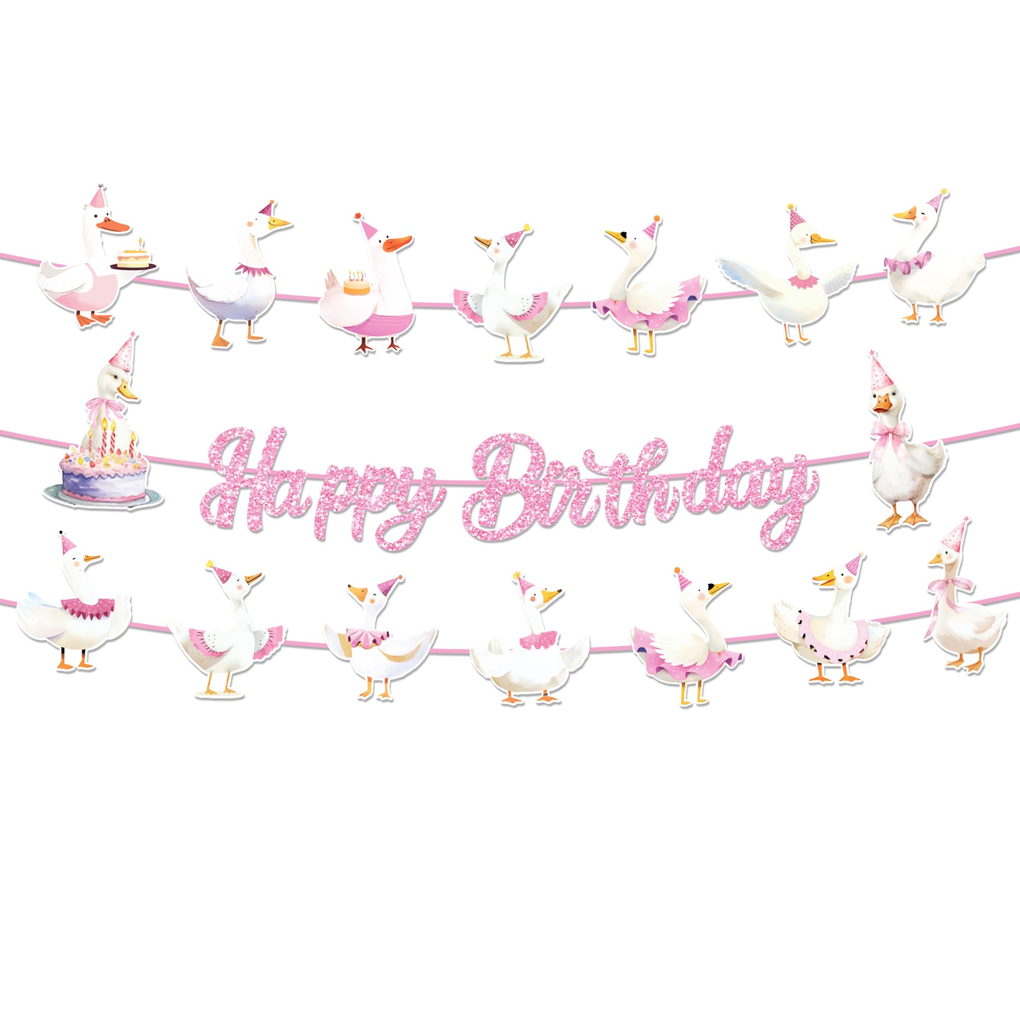 CC HOME 3Pcs Pink Goose Happy Birthday Banner Cartoon Animals Party Hanging Banner One Silly Goose Theme Birthday Bridal Wedding Baby Shower Boys Girls Kids Home Classroom Party Supplies Decorations