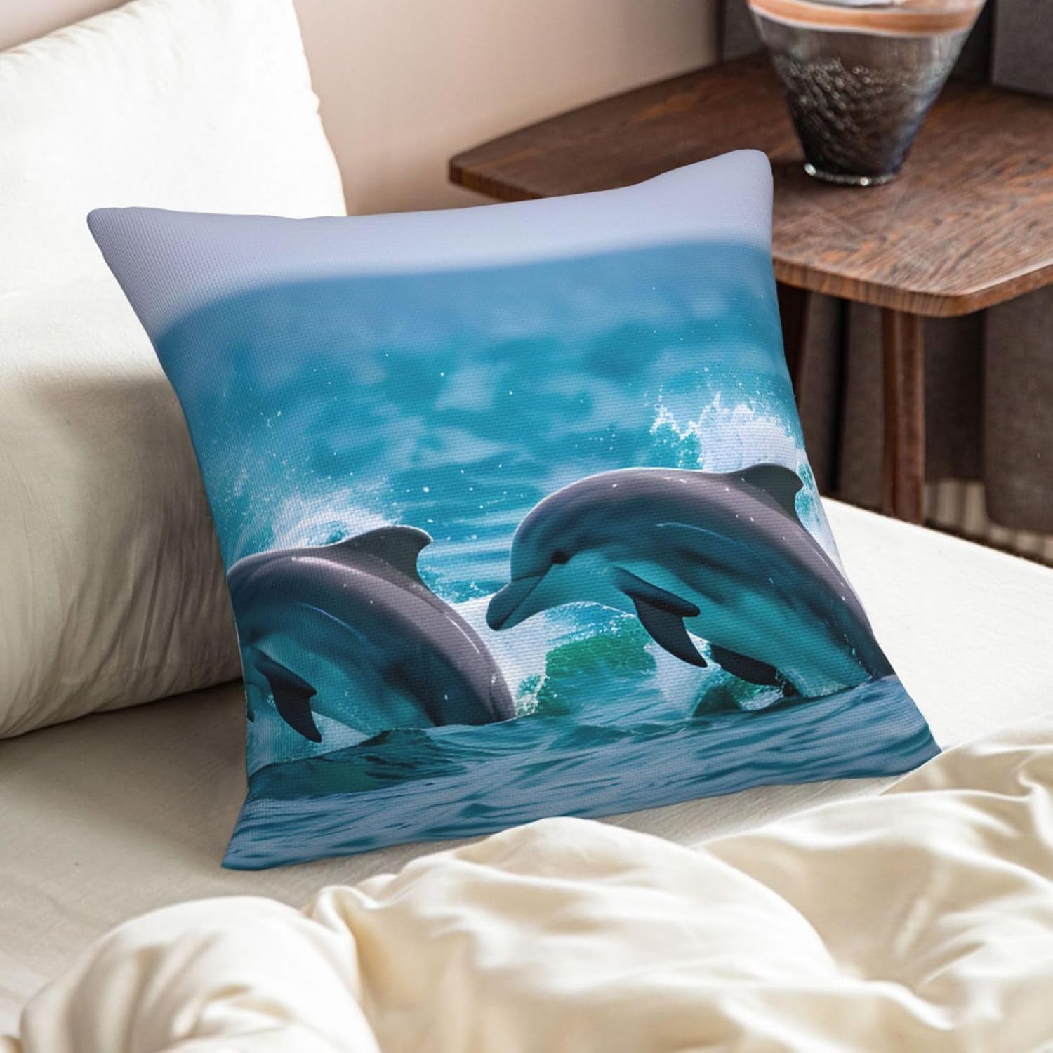Dolphins in The sea Imitation Linen Pillowcase -2 Sets, Fashionable Home Decoration, Used for Sofas, Gardens, beds