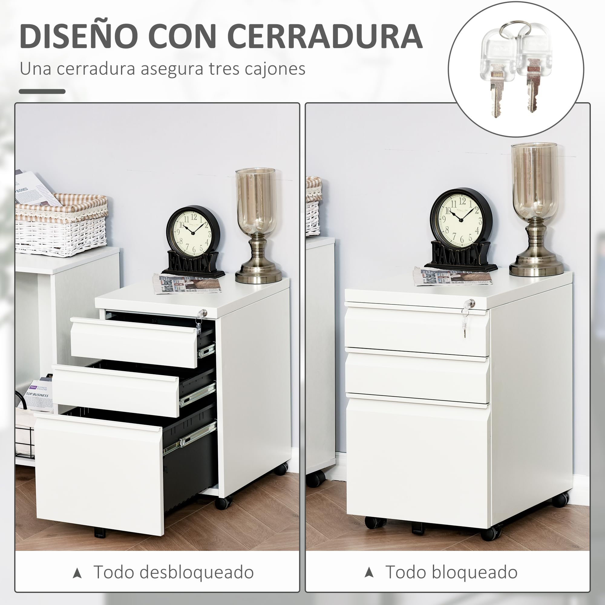 Vinsetto Cajonera de Oficina Mueble Archivador de Acero con 4 Ruedas 3 Cajones Cerradura y 2 Llaves para Tamaño A4 Carta para Estudio Salón 39x48x60 cm Blanco