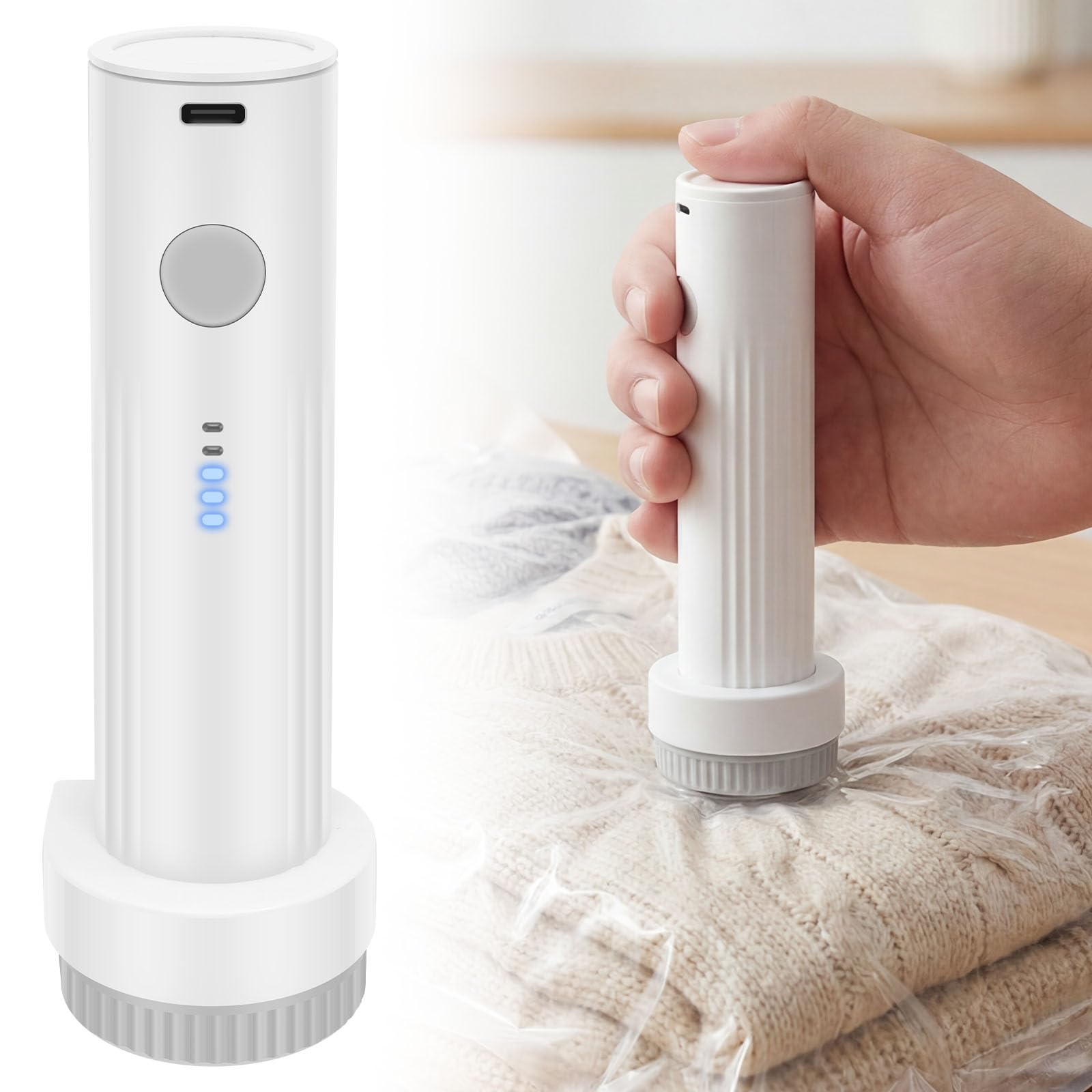 Cordless Electric Vacuum Pump for Vacuum Storage Bags - 60Kpa Powerful Travel Air Pump, USB Rechargeable - Portable Space Saver Pumping for Bedding & Clothes (Storage Bags Not Included)