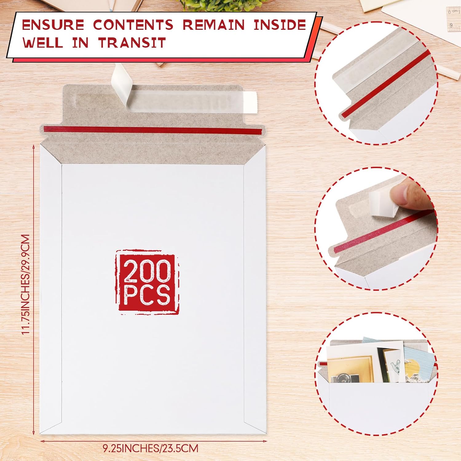 Fainne 200 Pack Rigid Mailers 9.25 x 11.8 Inches Resealable Photo Document Mailers Cardboard White Stay Flat Envelopes for Shipping Photos Pictures Papers Files Cd Magazines Comic Books