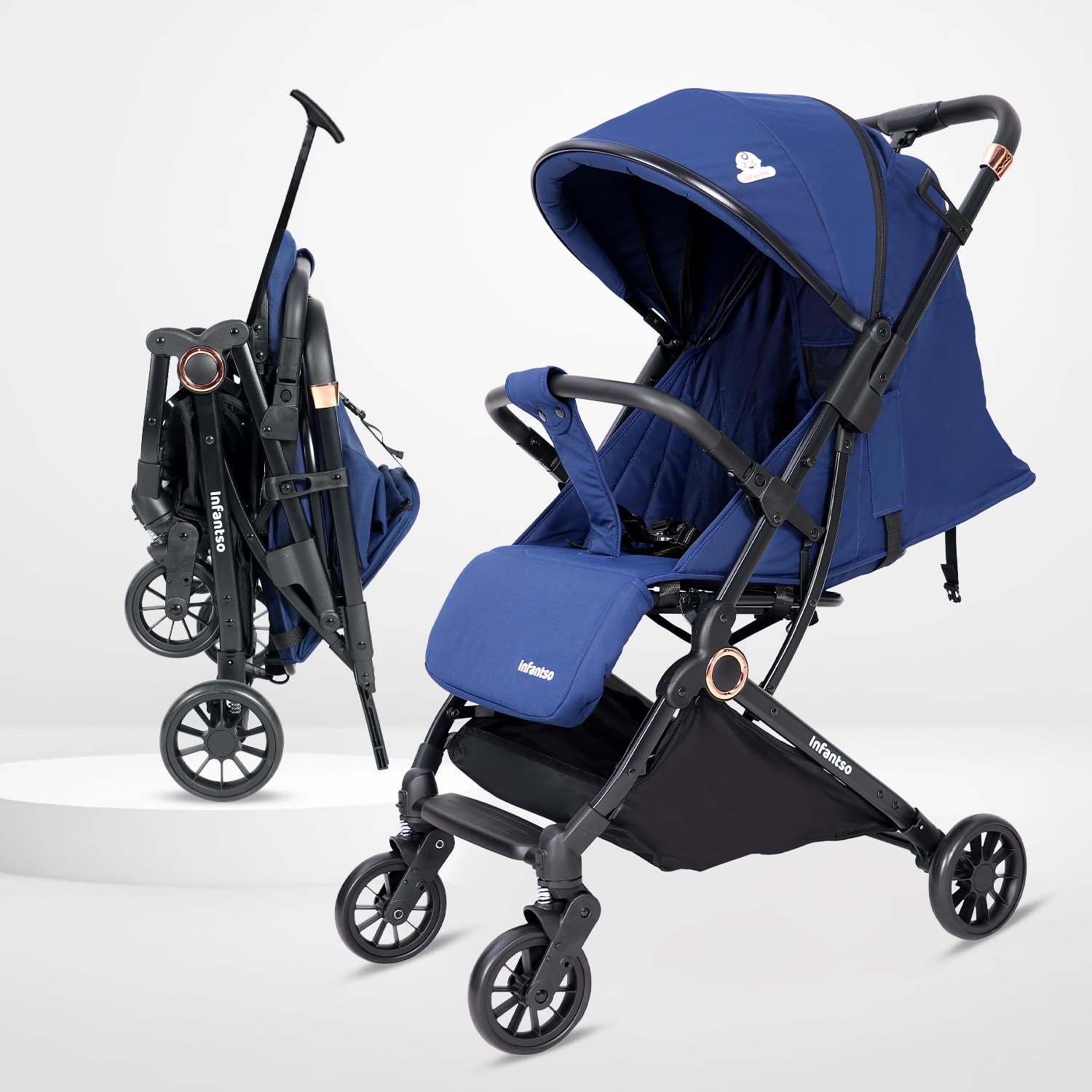 Infantso RIDE-X Baby Stroller / Pram for Baby with 5 Point Safety Harness, Multi Level seat Recline & Spacious Cushioned seat, One-Hand Fold and 360° Rotating Wheels, Travel Friendly, Extendable Canopy, Adjustable Footrest, Shock Absorption Wheels, Lightweight Stroller for 0 to 3 Years (Blue)-image-42