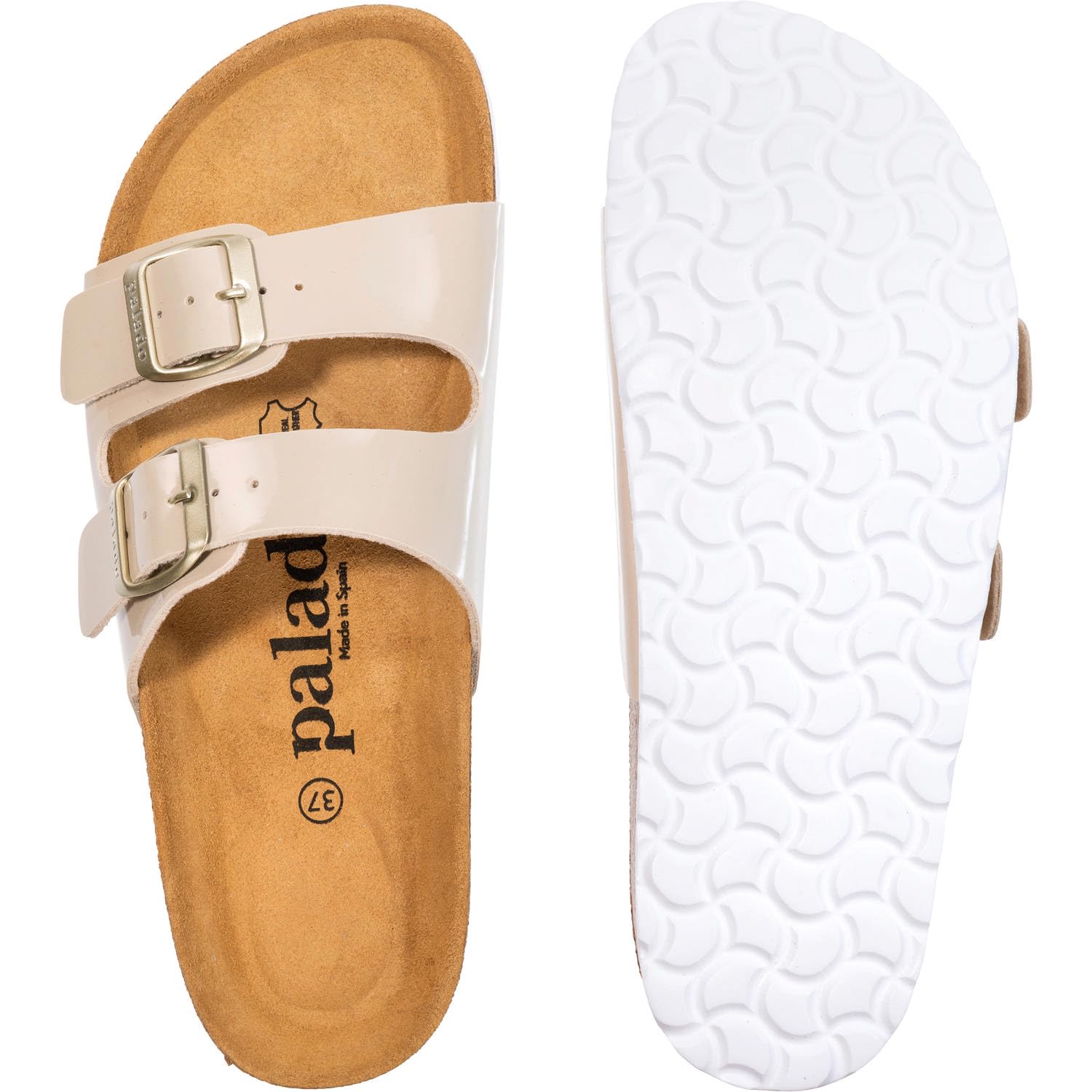 Palado Pantoletten Damen Milos Lack – elegante Sandalen Made in Spain - bequeme Hausschuhe mit Kork-Fußbett - modische Sommerschuhe