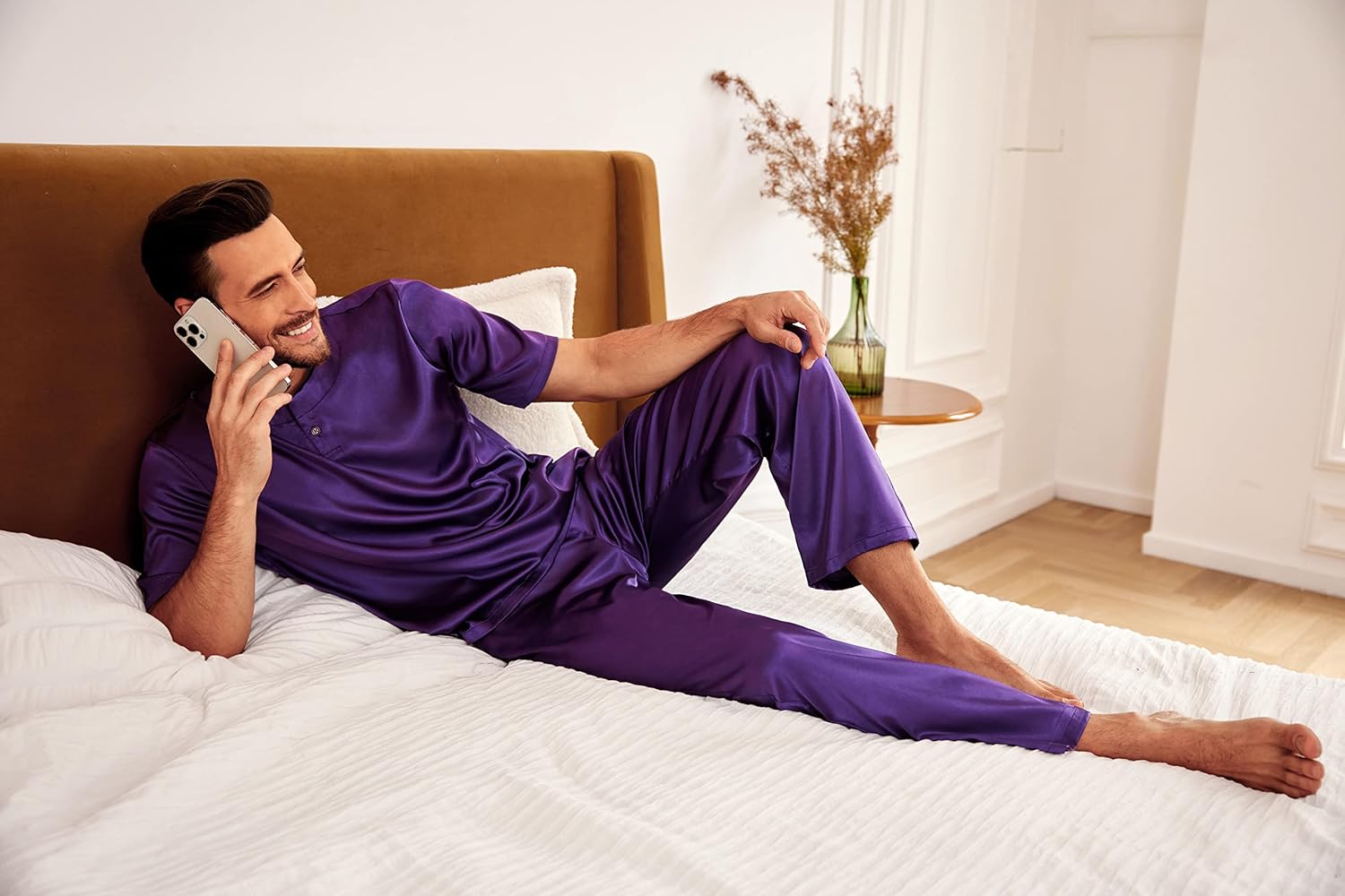Ekouaer Mens Silk Satin Pajama Set Short Sleeve Sleepwear Silky Loungewear with Long Pants - Image 5