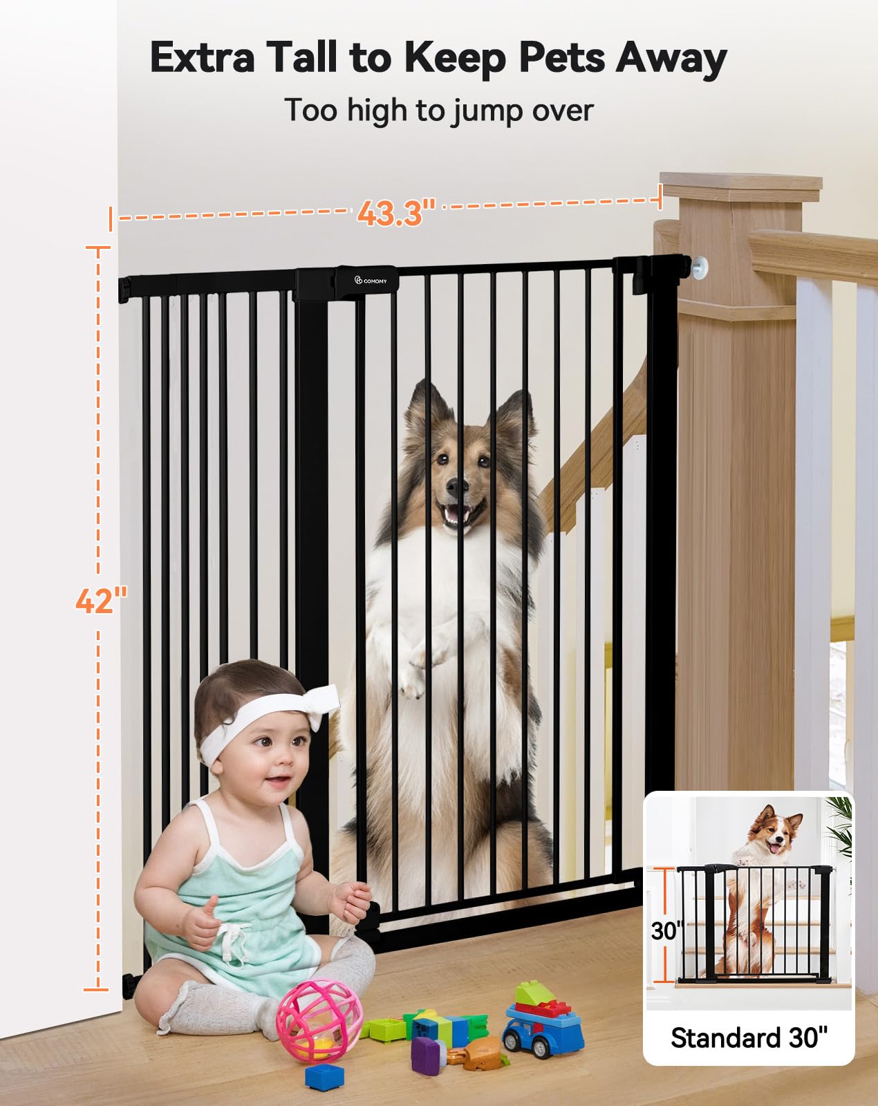 COMOMY Cancelletto extra alto da 106,7 cm per scale, adatto per aperture da 74,9 cm a 110 cm di larghezza, chiusura automatica robusta, cancello di sicurezza per cani, montaggio a pressione, facile