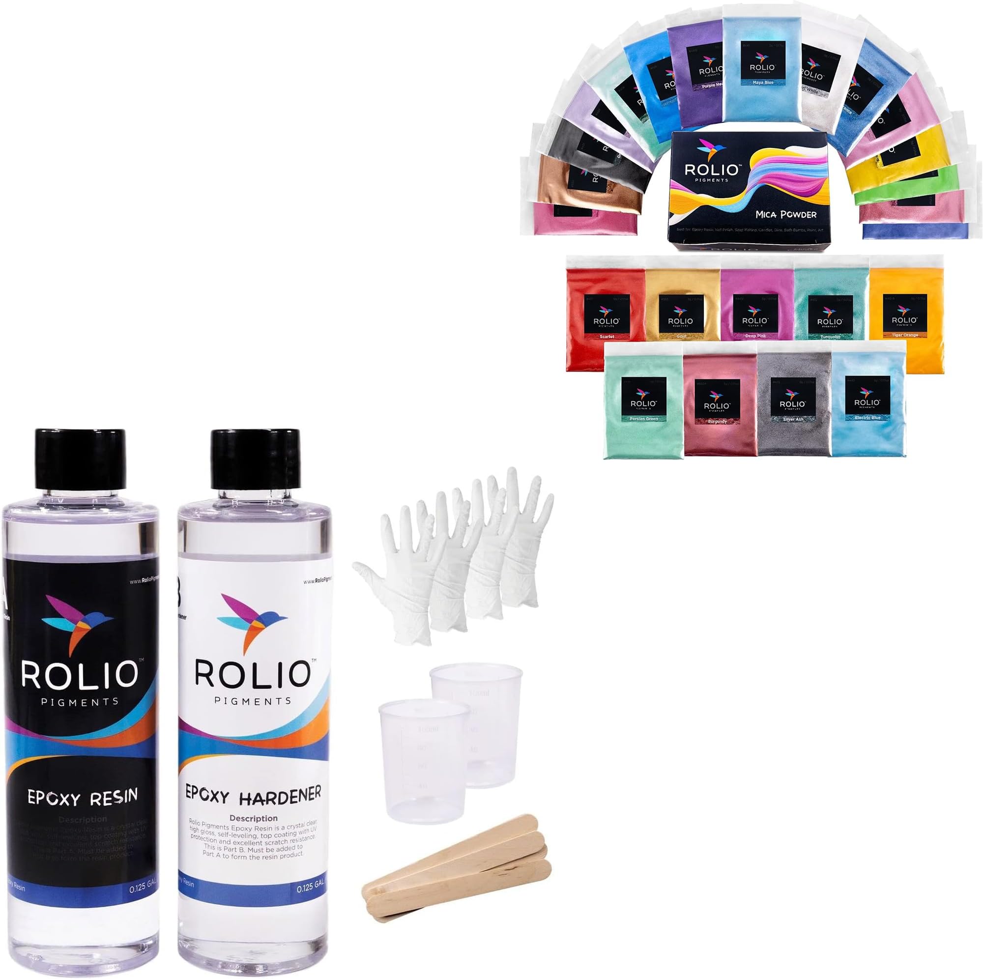 Mica Powder, 5g, 24 Bags - Pearlescent Color Pigment Original Set and Epoxy Resin and Hardener 16 oz Kit with 4pcs Sticks, 2pcs Graduated Cups, 4 Pairs Gloves