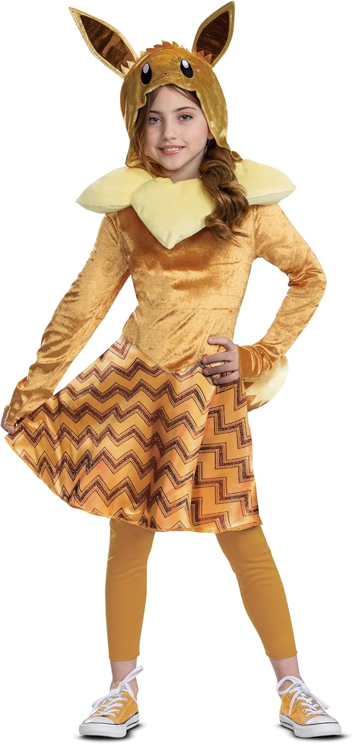 Disguise Girls Deluxe Girl's Pokemon Eevee Hooded Costume With Ears & Tail | Kid's Pokemon Eevee Cosplay Dress
