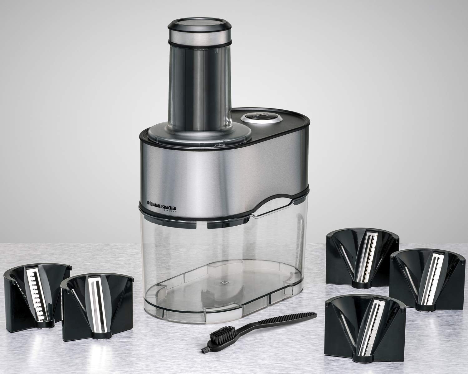 ROMMELSBACHER Spiralschneider EGS 80-5 Messereinsätze für verschiedene Gemüsenudeln, 2,5 Liter Auffangbehälter, großer Einfüllschacht, 2-fach Sicherheitssystem, komplett zerlegbar, Edelstahlgehäuse