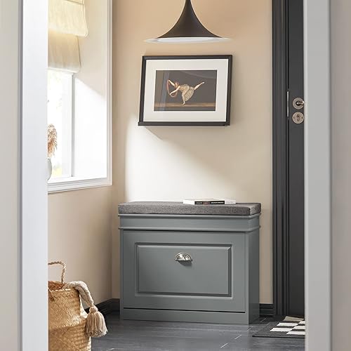 Miniatura 15 de Haotian FSR82-L-SCH - Zapatero de pasillo negro, zapatero de diseño moderno, zapatero delgado con cajón abatible y cojín de asiento acolchado Negro