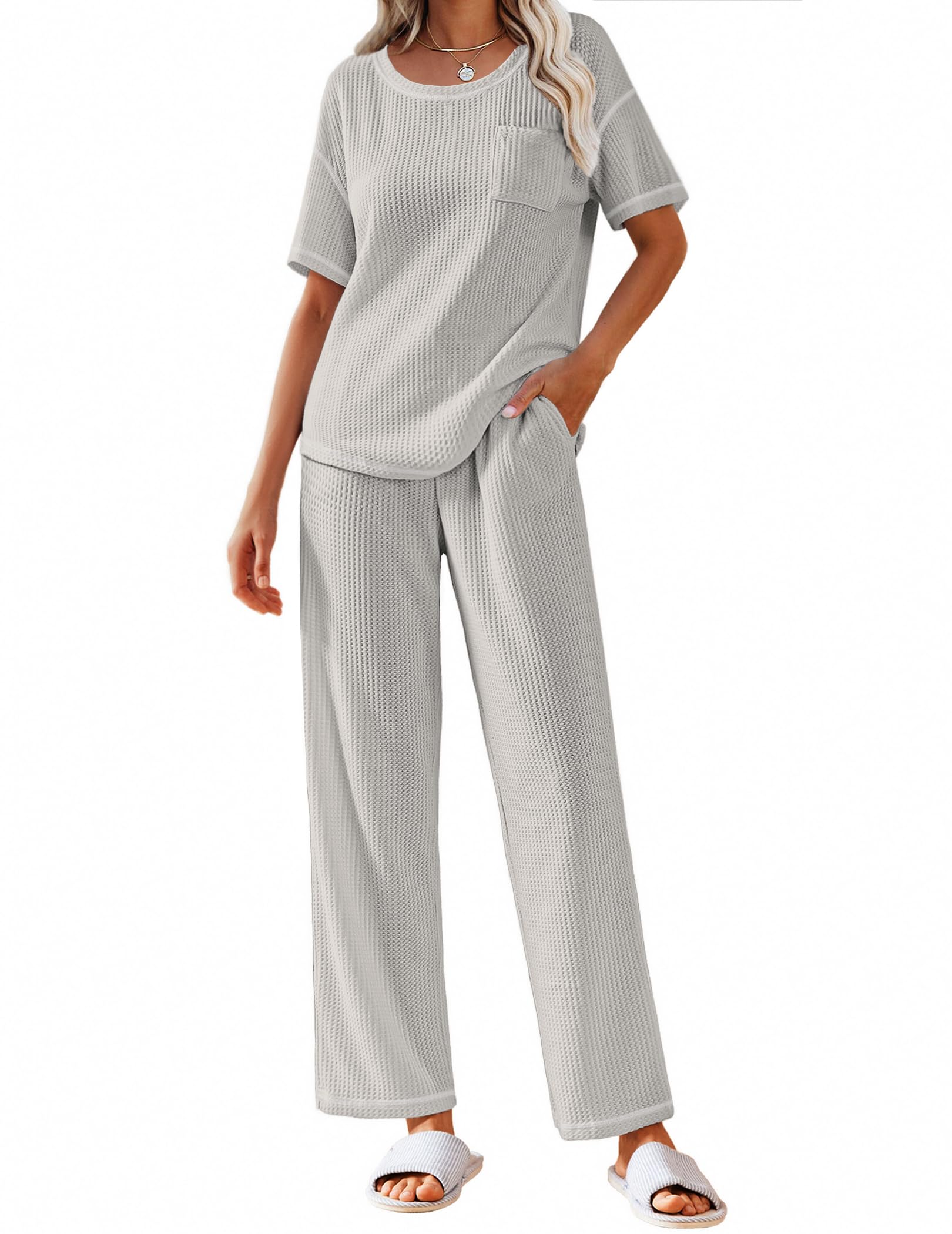 Ekouaer Women Waffle Knit Lounge Sets Short Sleeve Top and Long Pant Pajama Set Loungewear 2 Piece Pjs Set with Pockets
