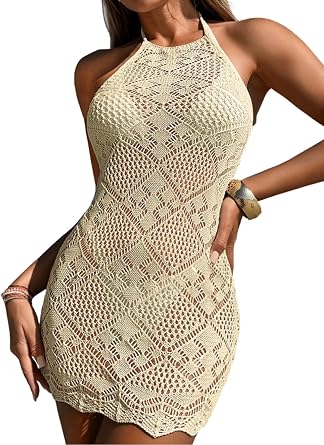ChiaoLezhee Diamond Hollow-Out Boho Crochet Swimsuit Cover Up, Backless Beach Mini Dress for Women
