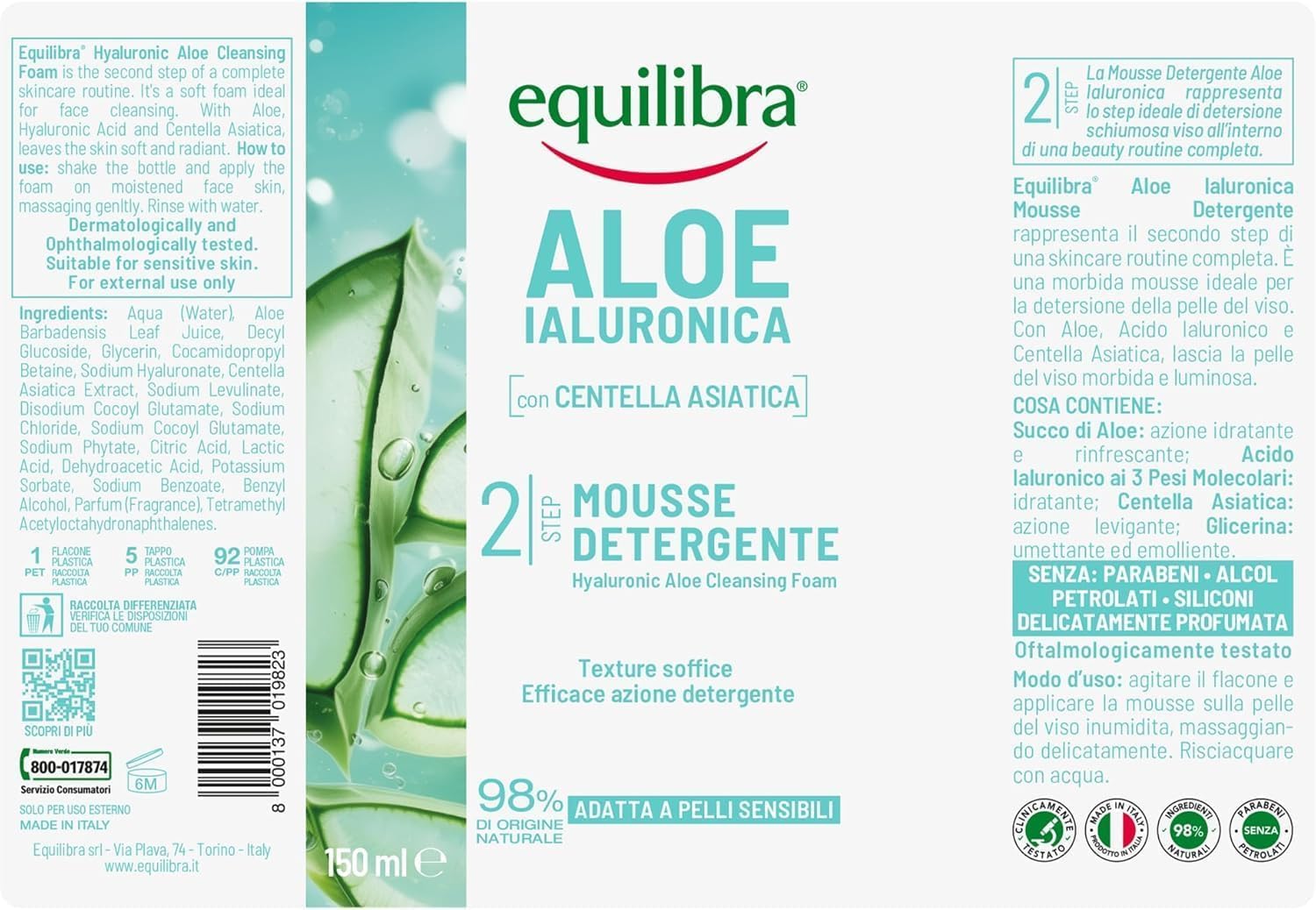 Equilibra, Aloe Ialuronica Mousse Detergente Viso, con Succo di Aloe, Acido Ialuronico ai 3 Pesi Molecolari e Centella Asiatica, Doppia Detersione, per Pelli Sensibili, Clinicamente Testata, 150ml