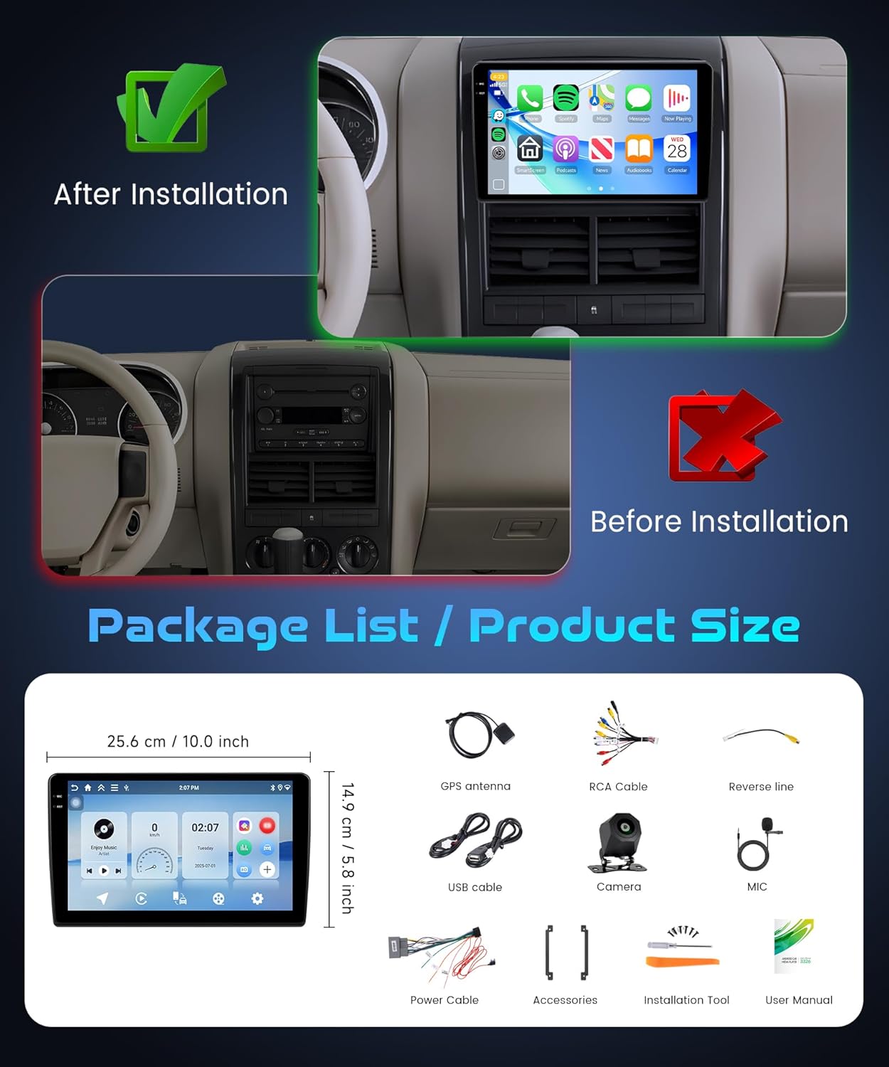 Rimoody 4G+128G Android 15 Car Stereo for Ford Explorer 2006-2010/Mustang 2005-2009 Wireless Carplay Android Auto, 10.1'' In-Cell Screen Head Unit with GPS/Bluetooth5.0/FM/EQ/5G-WiFi Backup Camera SWC