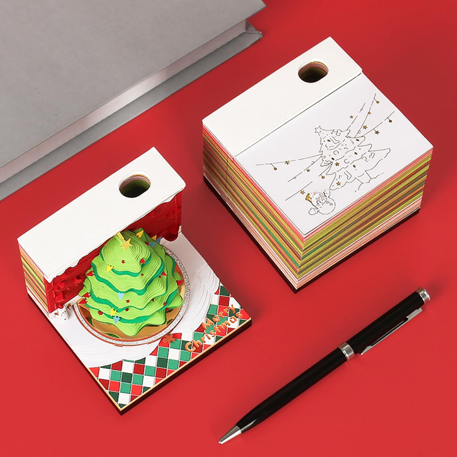 Weihnachtsthema Schnitzerei Kunst Notizblöcke Tisch Ornament 3D Papier Skulptur Notizblock mit Stifthalter für Weihnachtsdekoration Dekorativer Kalender