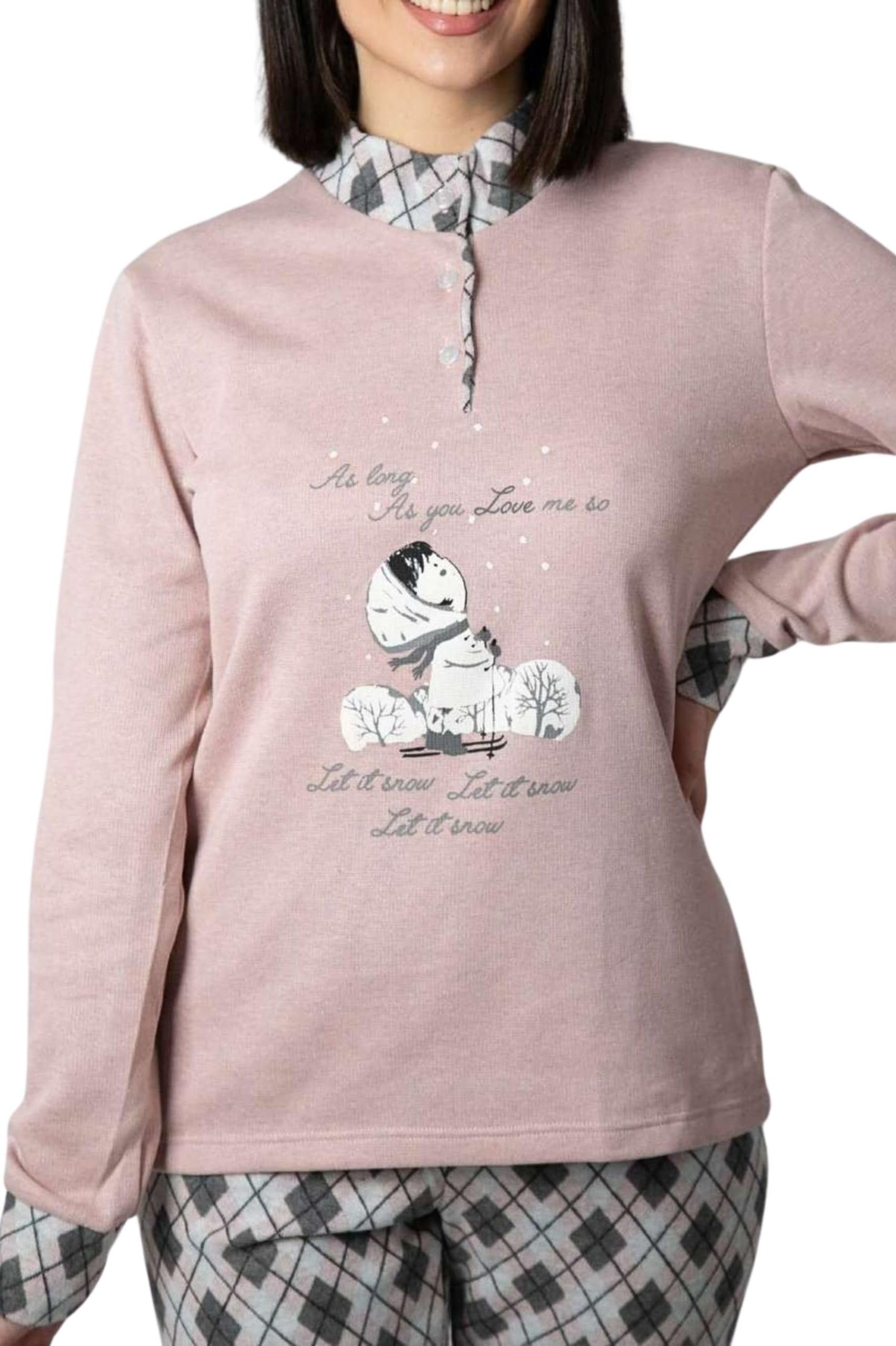 Leo Corsetteria Pyjama pour femme polaire chaude jeune hiver col haut avec boutons avec poignets fantaisie skieuse neige losanges