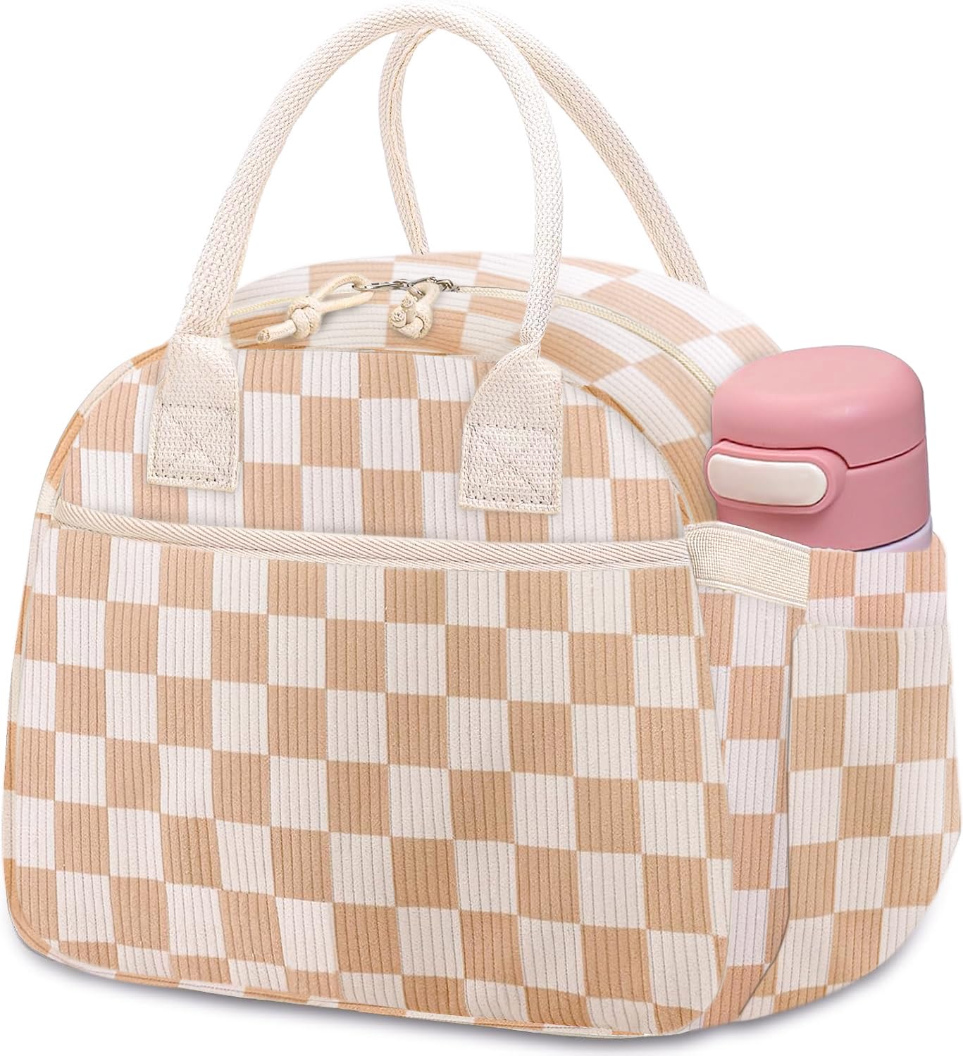 Carry bloom Lunch Box for Women, Insulated Lunch Bag Cute Corduroy Lunchbag Reusable Lunchbox for Work (checkered brown white)