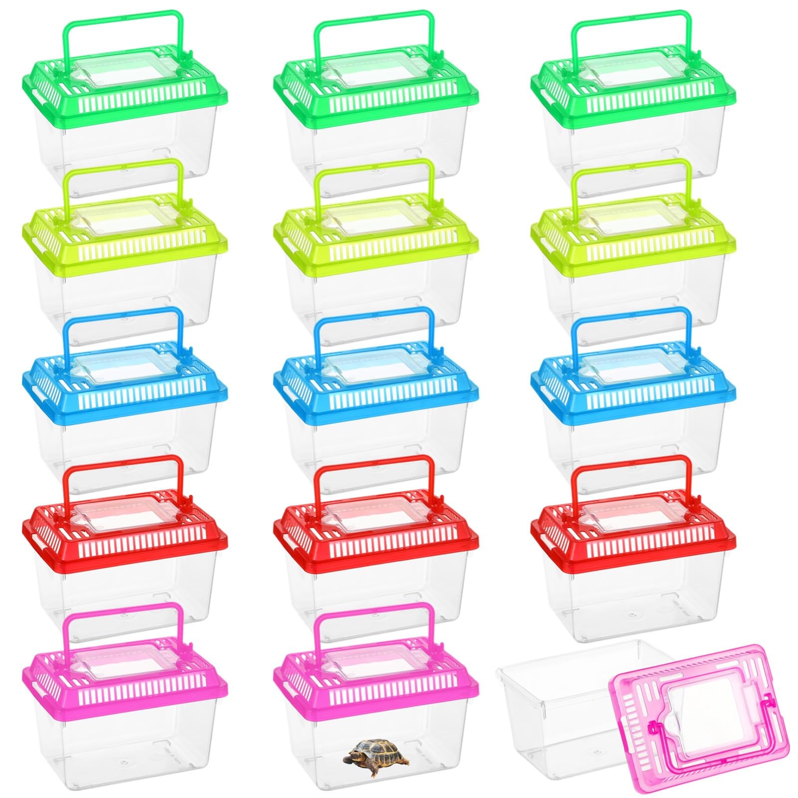 15 PCS Reptile Terrarium Boxes, Portable Transparent Plastic Cages with 5 Color Lids, 5 x 3.4 x 3.4 in, for Turtle, Snake, Spider, and Fish