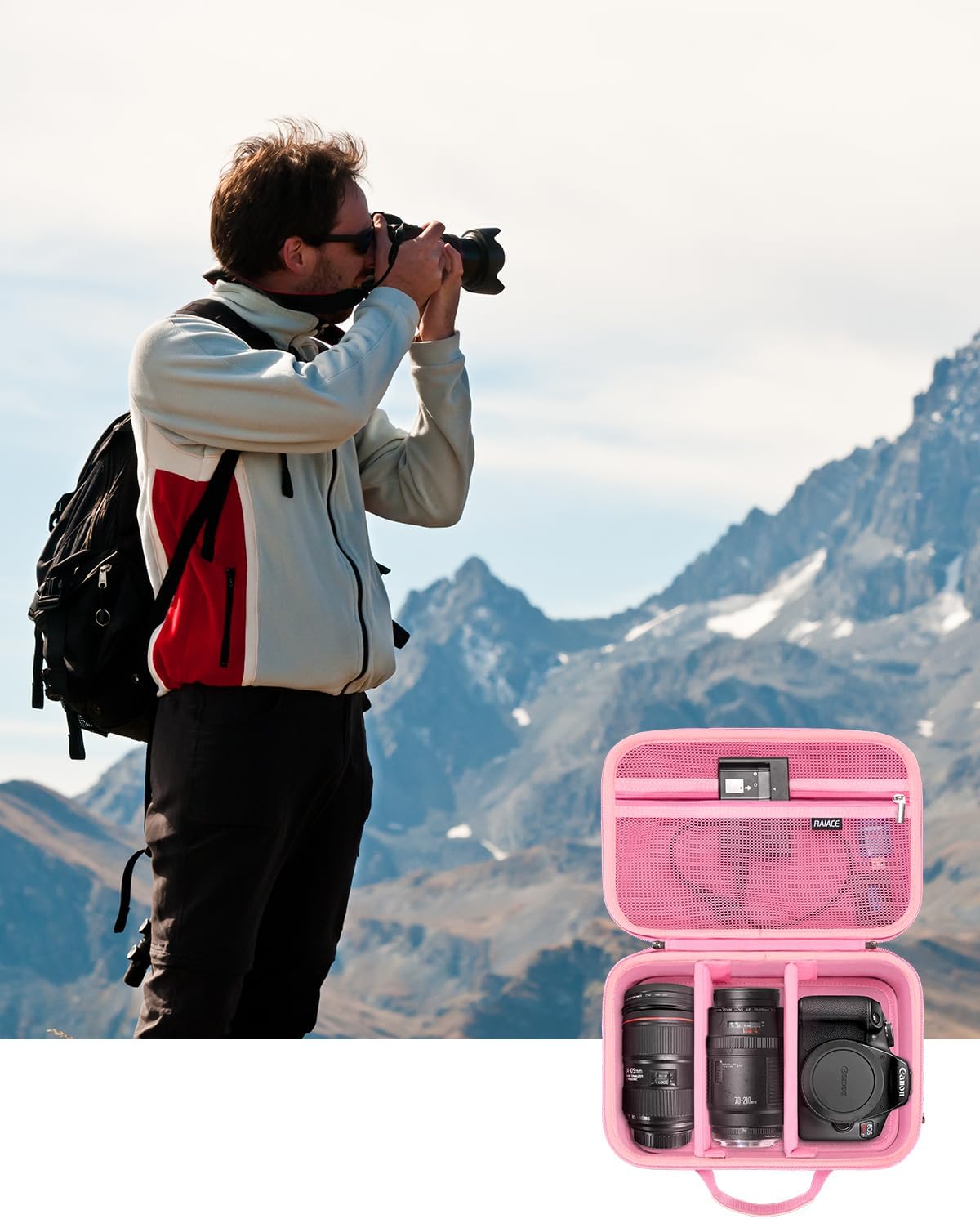 RAIACE Hard Carrying Case Compatible with Canon EOS Rebel T7/ T100/ T6/ R100/ R50/ R5/ R7/ R8, for Sony, for Nikon Camera. Large Capacity Camera Bag for Lens, Cables, Cards and Accessories. - Pink