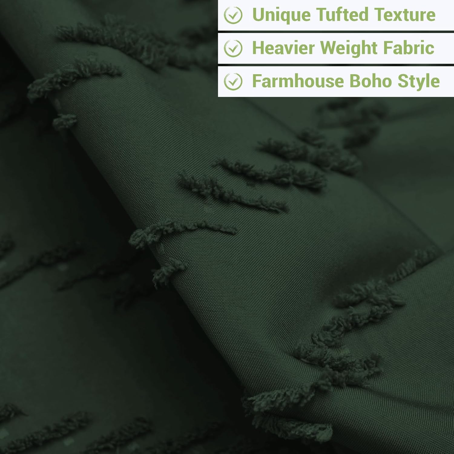 Extra Long No Hook Shower Curtain with Snap in Liner, Tufted Chevron Striped Shower Curtain Set for Bathroom, Boho Waterproof and Washable Shower Curtains, 71Wx86H, Dark Green