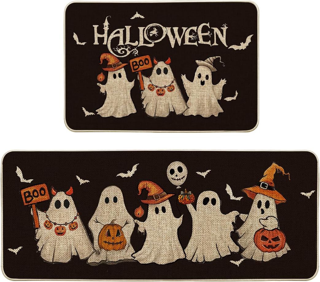 Artoid Mode Ghost Pumpkin Bat Black Halloween Kitchen Mats Set of 2, Black Home Decor Low-Profile Kitchen Rugs for Floor - 24x35 and 24x59 Inch