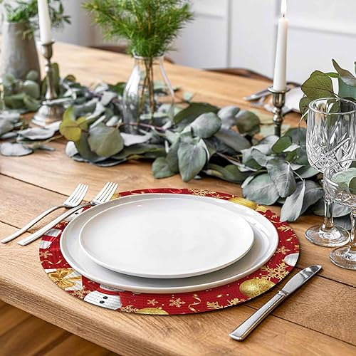 Miniatura 3 de Christams Round Placemats Set of 6 Red Merry Christmas Table Mats for Dining Table Decor Gold Balls Snowman Round Braided Placemats Heat Resistant