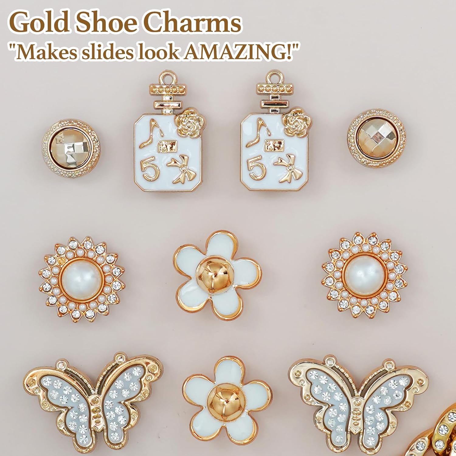 Bling Shoe Charms for Girls and Women, Girly Gold Shoe Charms for Clog Sandals, 24 PCS Glitter Pearl Flower Shoes Decoration Bulk, Shoes Chains Pins Charm Accessories