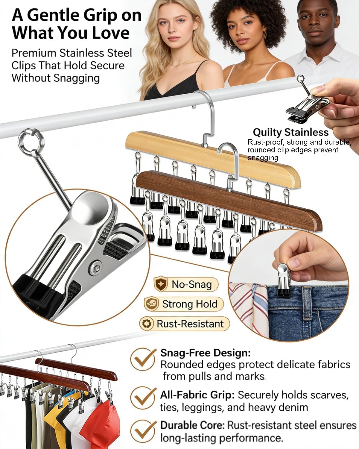 Closet Organizer with 10 Clips - Space Saving Hanging Closet Organizer, Leggings Hangers Closets Organization 360° Rotating Smart Clip Hanger Shelf for Bra Jean Hat Short Sock(3PCS Natural)