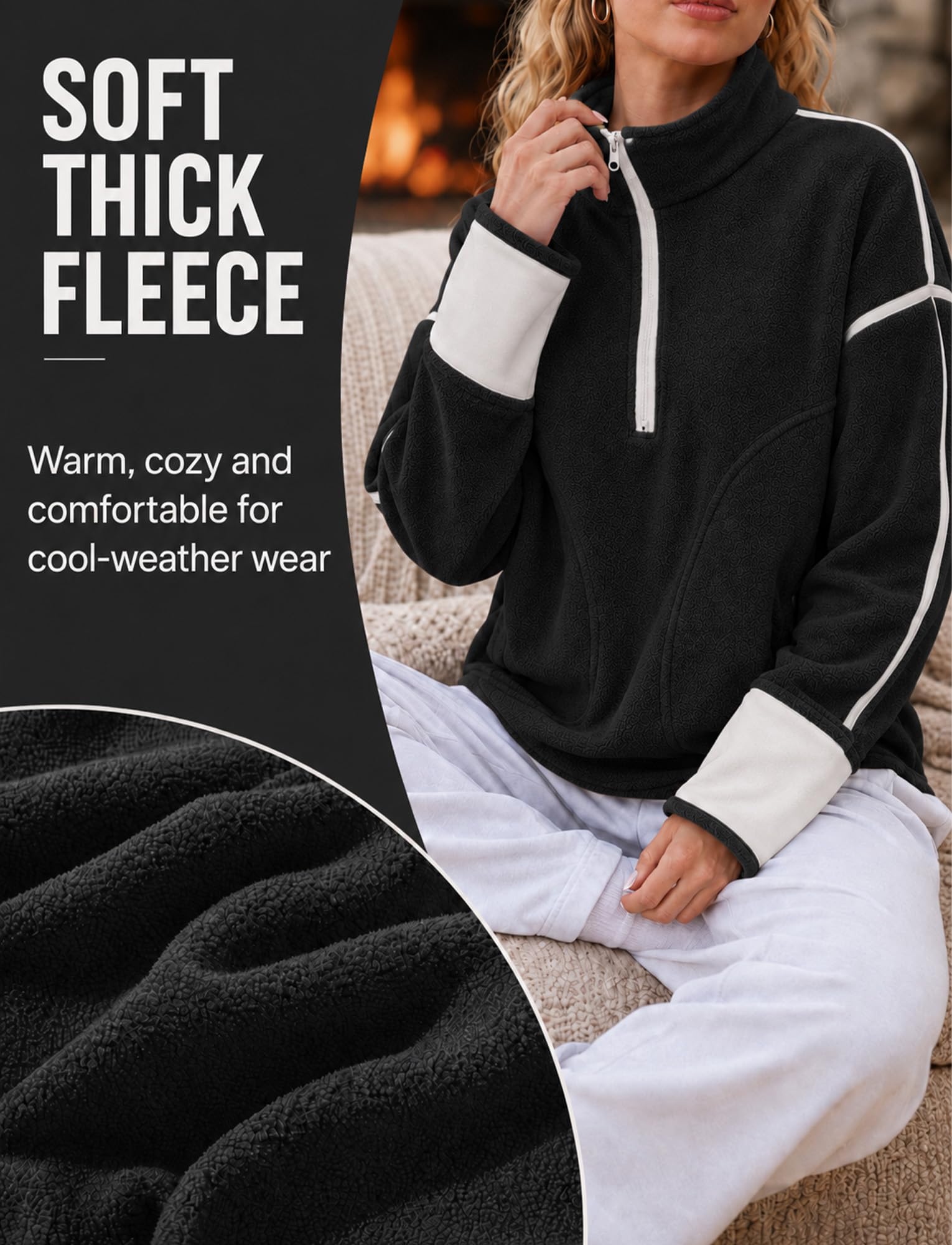 FEOYA Damska bluza polarowa z zamkiem błyskawicznym oversize, ciepły sweter, Czarny, L | Polarowy top z kieszeniami na jesień zimę sport spacery piesze codzienne odzież domowa