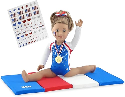 Emily Rose Ropa de muñeca de 18 pulgadas, atuendo deportivo y accesorios con medallas y calcomanías faciales, juguete de gimnasta, muñeca no