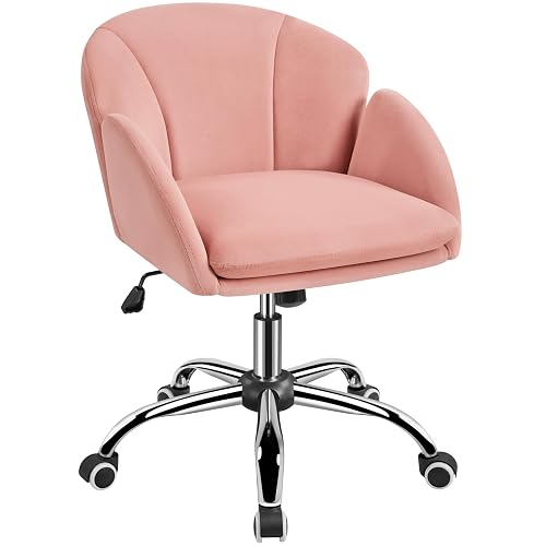 Yaheetech Pink Desk Chair Vanity Chair Comfy Velvet Chair Cute Desk Chair for Home Office Modern Swivel Rolling Chair for Bedroom, Living Room, Makeup Room Women