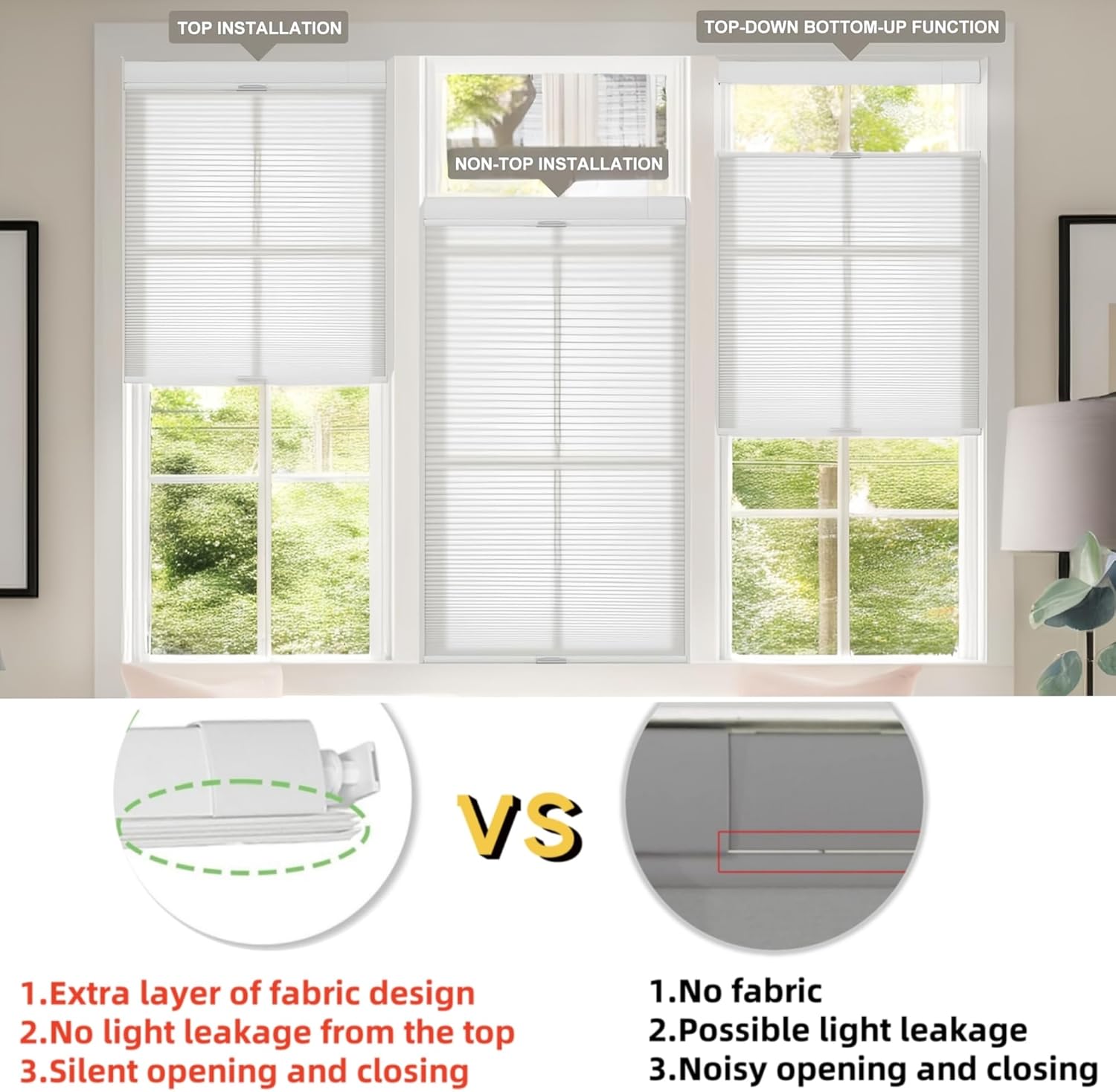 Custom Size No Drill No Tools Top Down Bottom Up Cellular Shades Cordless Honeycomb Blinds for Indoor Windows Light Filtering Cordless Cellular Blinds for Windows.White