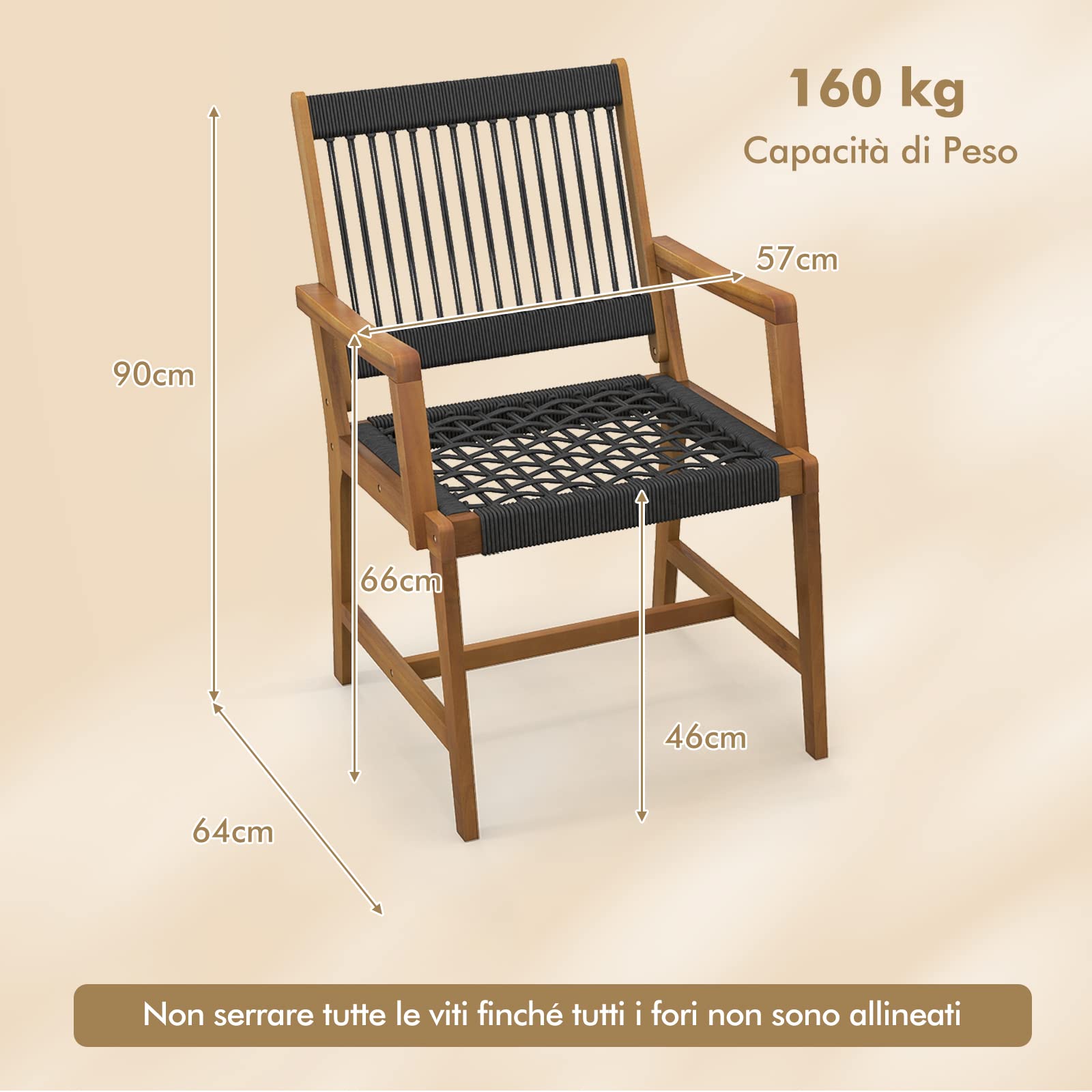 COSTWAY Set 2 Sedie da Giardino in Legno di Acacia Intrecciate | Poltrona da Pranzo per Patio Prato Giardino Portata 160 kg, 57 x 64 x 90 cm