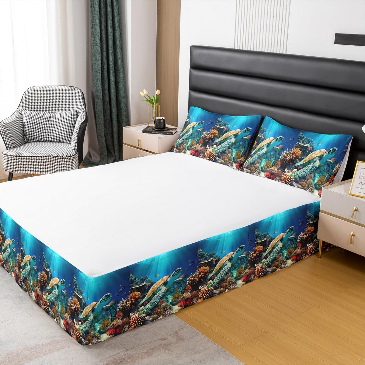 Feelyou Sea Turtle Bed Wrap Sheet Set Queen, Ocean Bed Skirt for Kids Coastal Bedskirt Reptile Tortoise Dust Ruffle Pleated Bedskirt with Split Corners