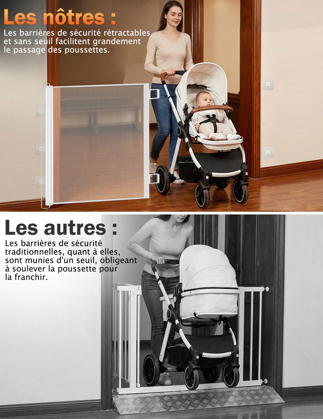 Barrière de Sécurité Chien Enfant Rétractable Extensible (110cm Blanc) | Sans Perçage, Pour Escaliers Portes Couloirs, Intérieur Extérieur, Hauteur Ajustable