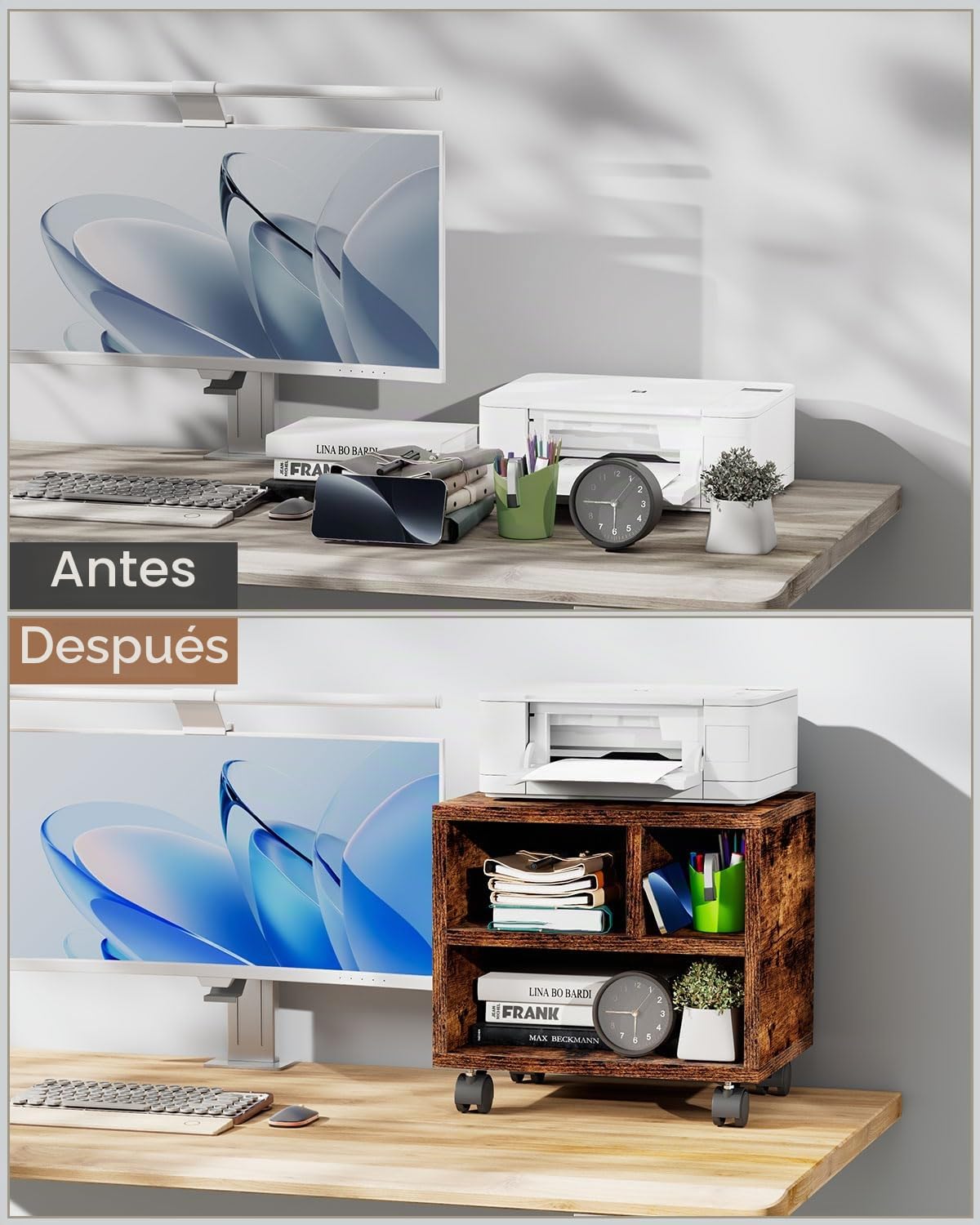IBUYKE Soporte para impresora móvil con ruedas, mesa de impresora con estante de almacenamiento, organizador de escritorio multiusos, carrito de impresora sobre ruedas, para carpetas, máquina de fax